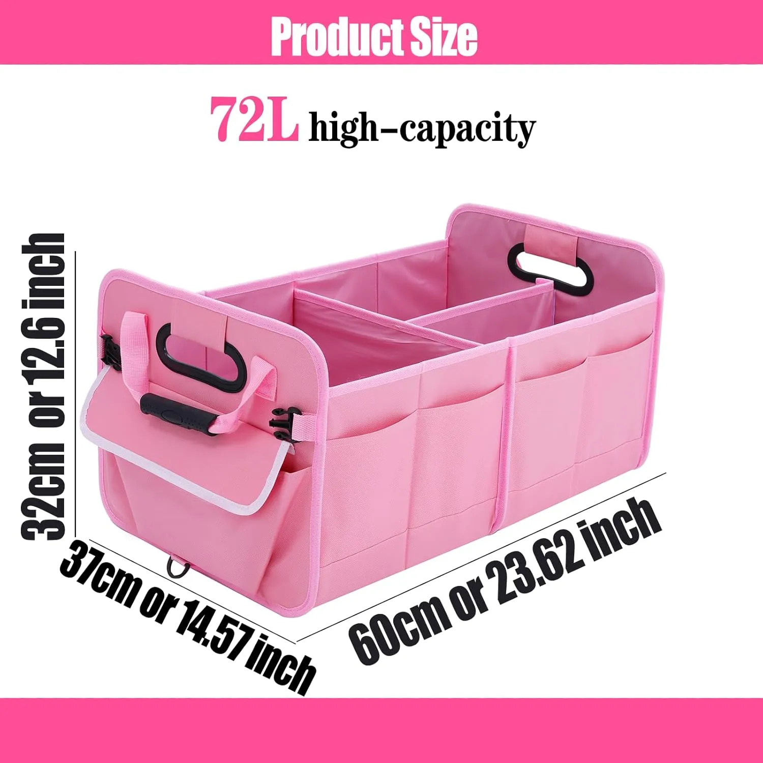 Car Suv Trunk Organizer,Sturdy Storage Organizer for Car Accessories,Tools,Sundries.Upgraded 4 Carrying Handles,72L,Foldable,Waterproof,Multi Compartment,2 Straps for Fixation(Pink)