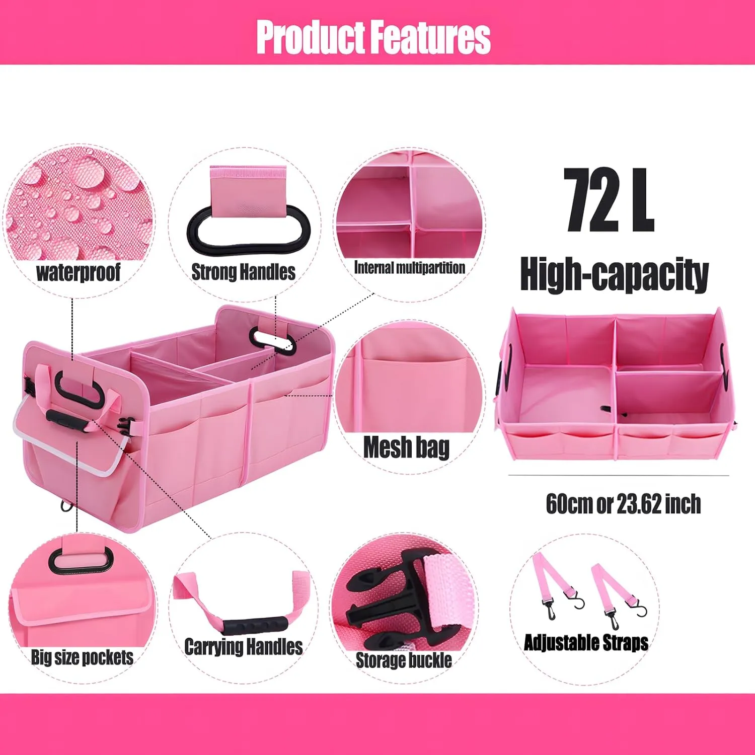Car Suv Trunk Organizer,Sturdy Storage Organizer for Car Accessories,Tools,Sundries.Upgraded 4 Carrying Handles,72L,Foldable,Waterproof,Multi Compartment,2 Straps for Fixation(Pink)