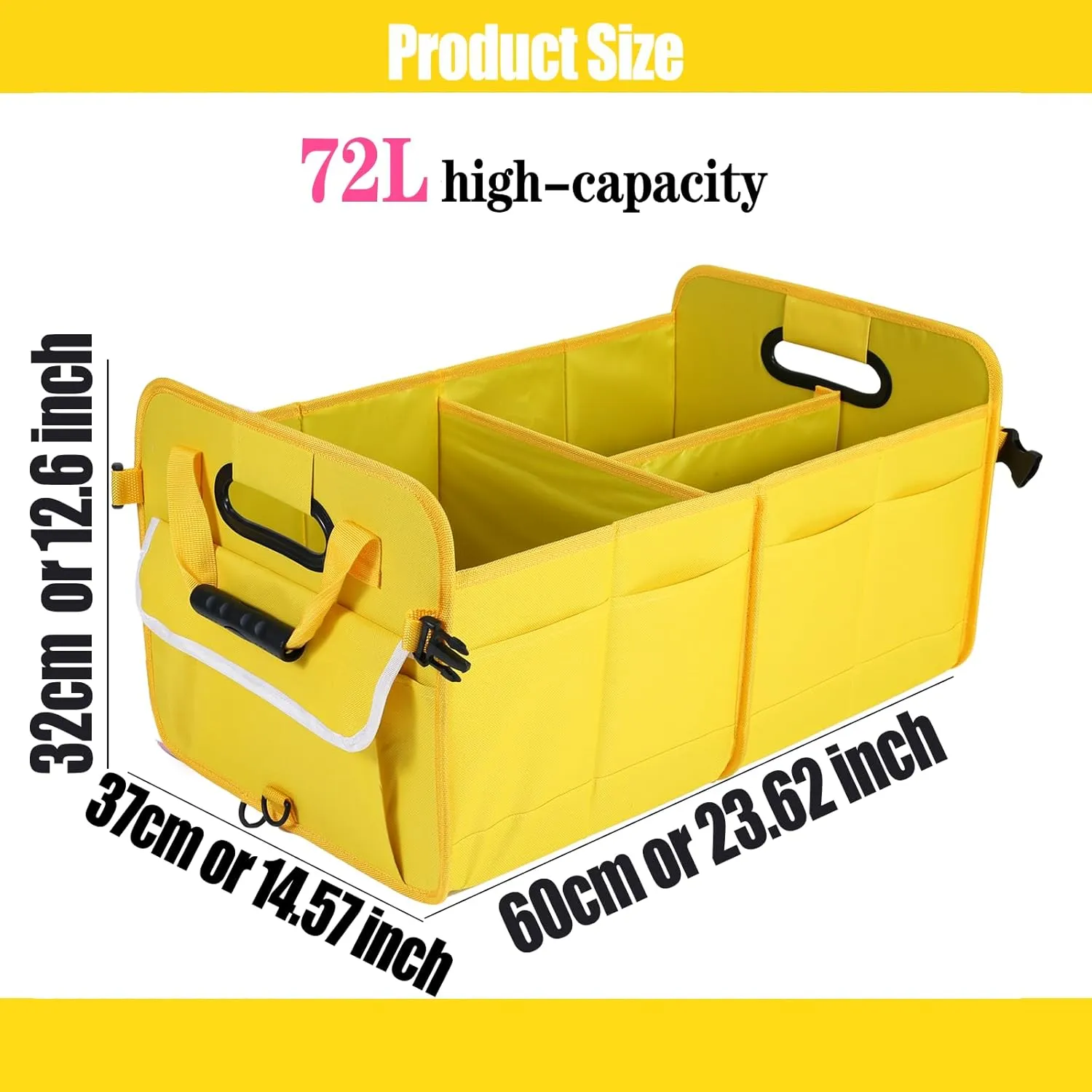 Car Suv Trunk Organizer,Sturdy Storage Organizer for Car Accessories,Tools,Sundries.Upgraded 4 Carrying Handles,72L,Foldable,Waterproof,Multi Compartment,2 Straps for Fixation(Yellow)