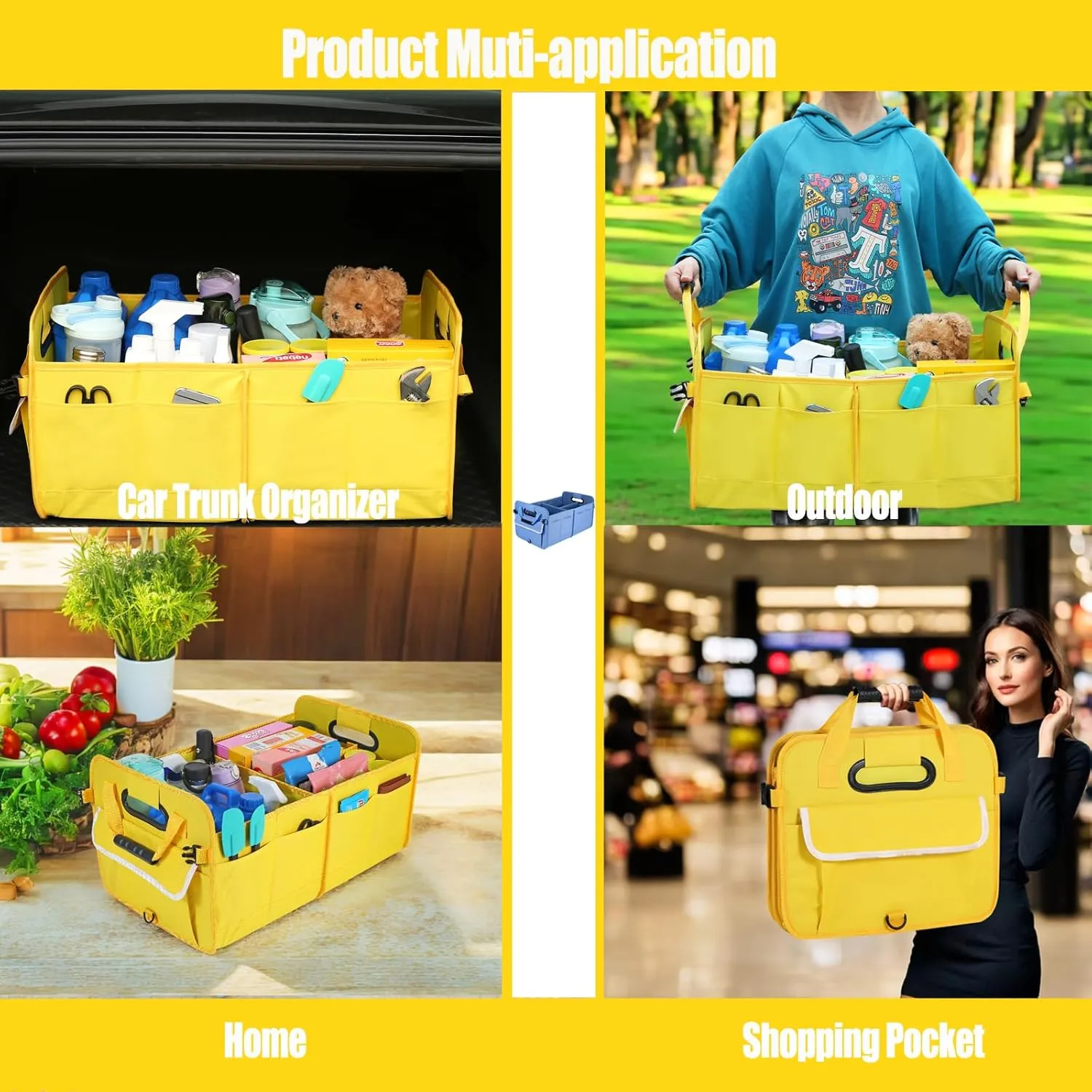 Car Suv Trunk Organizer,Sturdy Storage Organizer for Car Accessories,Tools,Sundries.Upgraded 4 Carrying Handles,72L,Foldable,Waterproof,Multi Compartment,2 Straps for Fixation(Yellow)