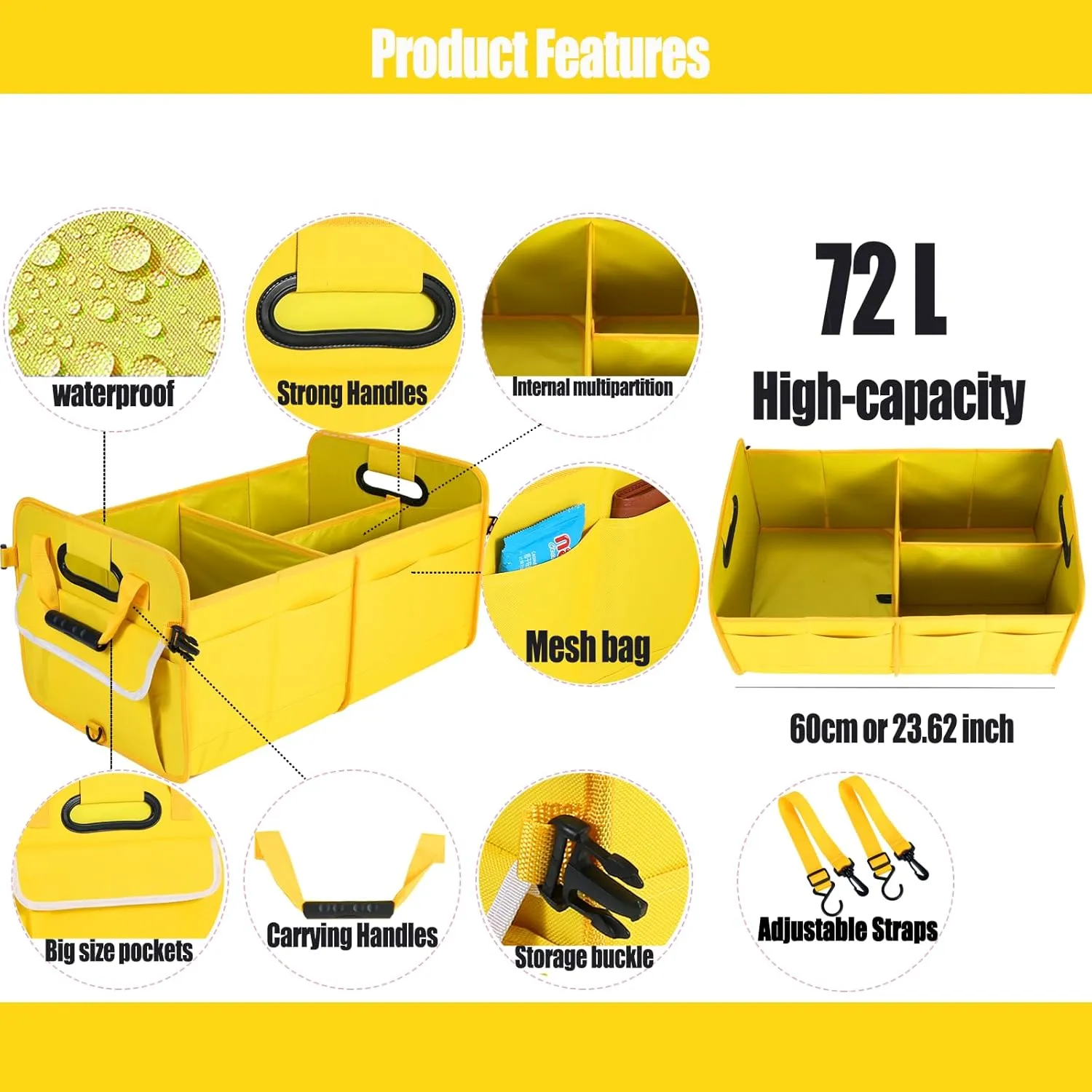 Car Suv Trunk Organizer,Sturdy Storage Organizer for Car Accessories,Tools,Sundries.Upgraded 4 Carrying Handles,72L,Foldable,Waterproof,Multi Compartment,2 Straps for Fixation(Yellow)