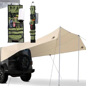 Car Tailgate Tarp & Camping Hanging Organizer, AYAMAYA 14 x 16 FT Extra Large Car Tent Tarp, Organizer for Inside with Campsite Storage Straps & Mesh Pockets & Hanging Hooks