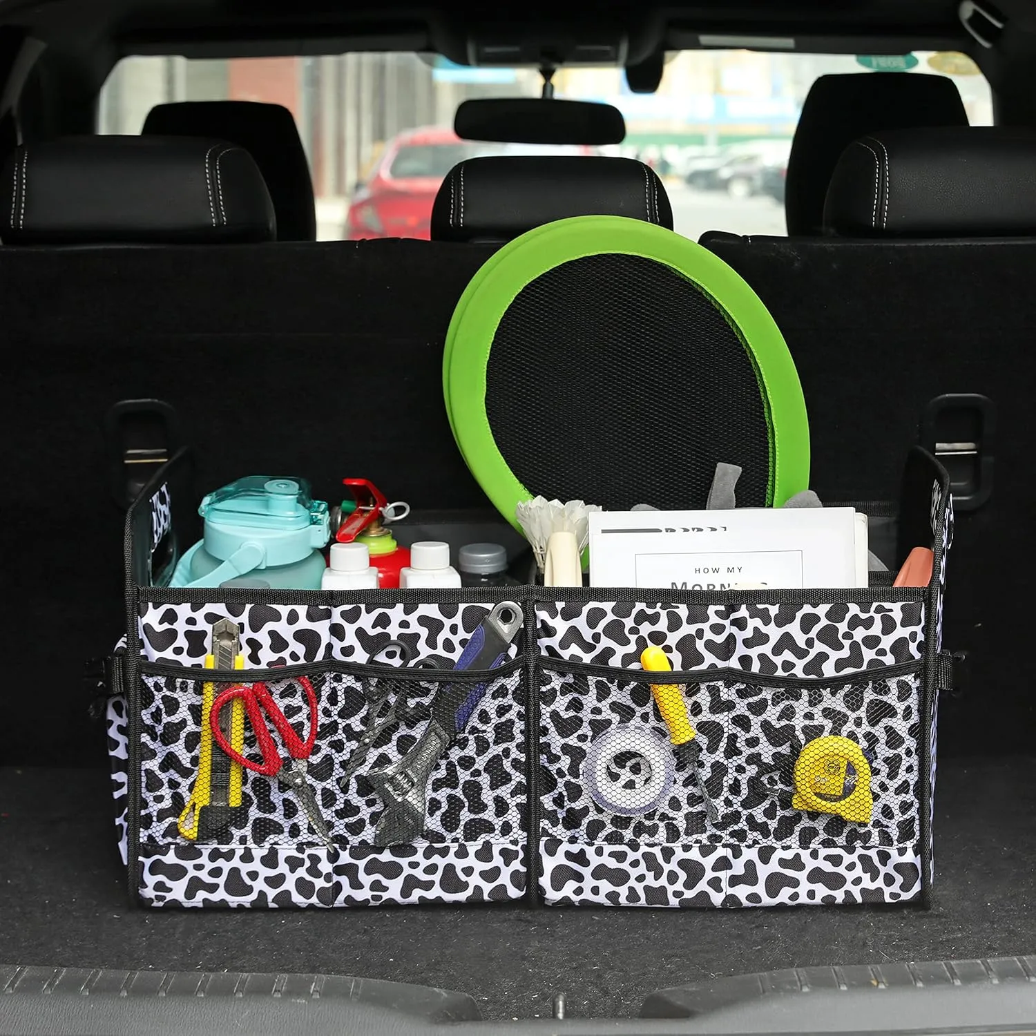 Car Trunk Organizer Car Storage Organizer Collapsible Multi Compartment Car Organizer Adjustable Straps Car Organizer for SUV(Cow)