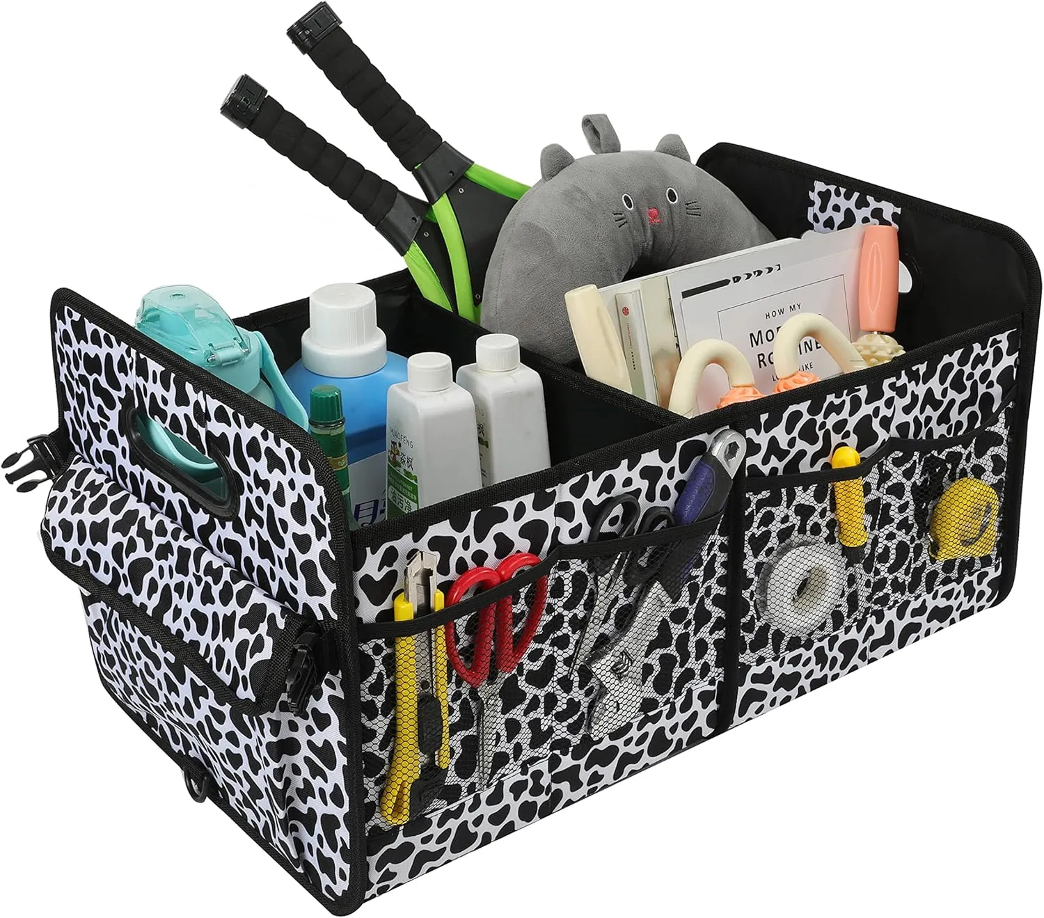 Car Trunk Organizer Car Storage Organizer Collapsible Multi Compartment Car Organizer Adjustable Straps Car Organizer for SUV(Cow)