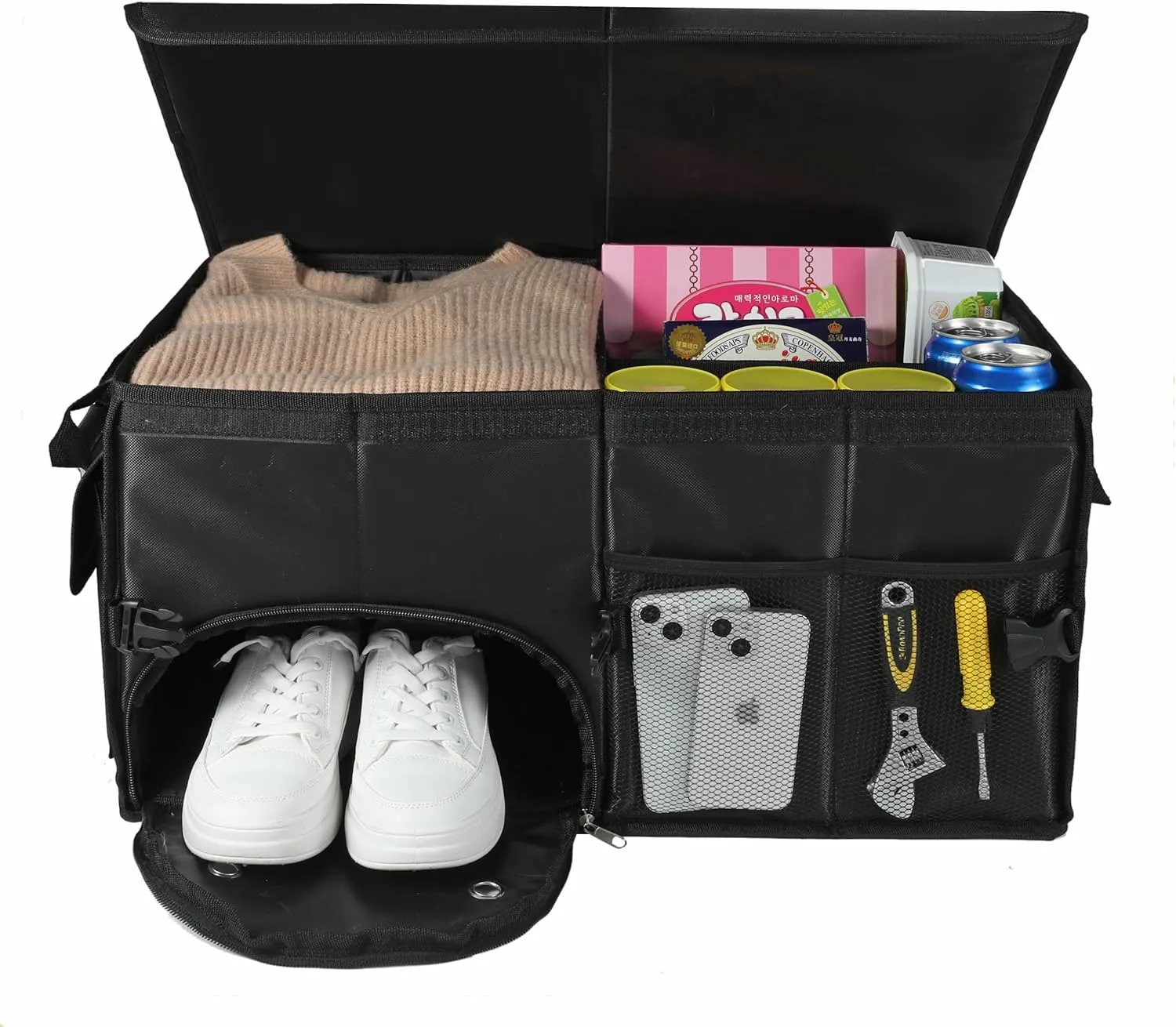 Car Trunk Organizer with Lid Car Storage Organizer Collapsible Multi Compartment Car Organizerwith shoe bag for SUV(Black)