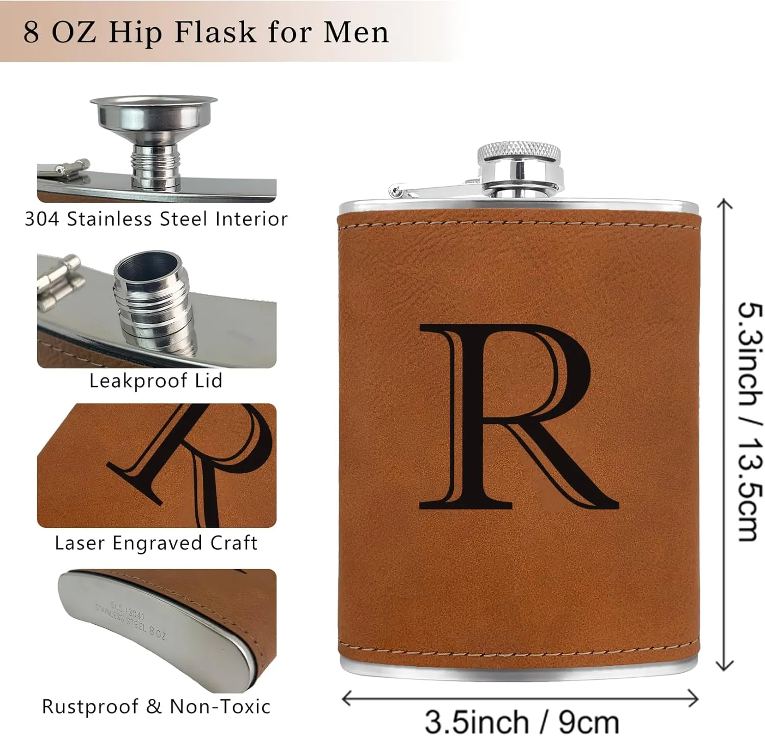 CARAKNOTS Hip Flask for Men Leather Engraved Drinking Whiskey Flasks for Liquor with Initials Stainless Steel with Funnel 8 oz Personalized Christmas Birthday Gifts for Dad Letter R