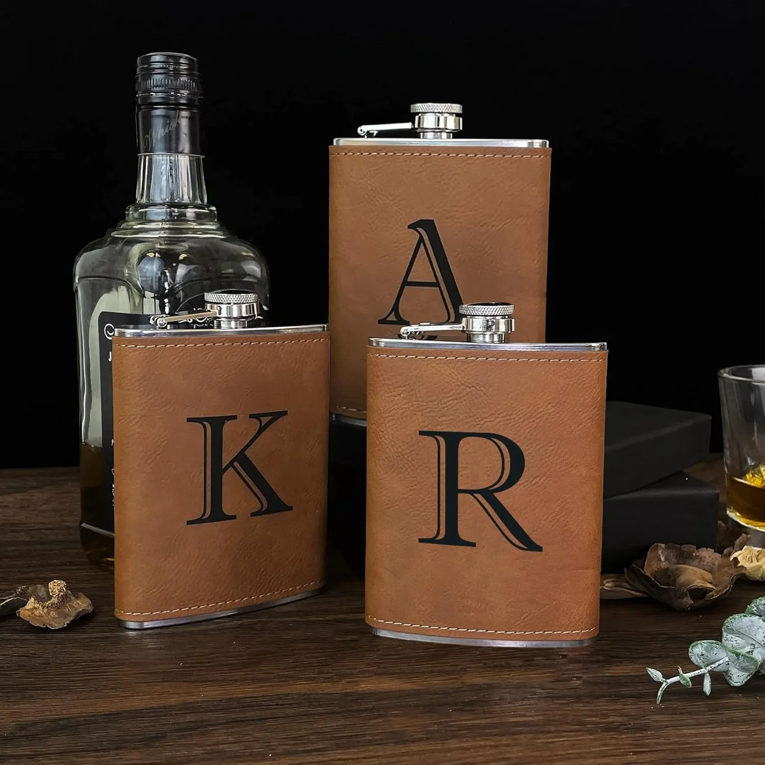 CARAKNOTS Hip Flask for Men Leather Engraved Drinking Whiskey Flasks for Liquor with Initials Stainless Steel with Funnel 8 oz Personalized Christmas Birthday Gifts for Dad Letter R