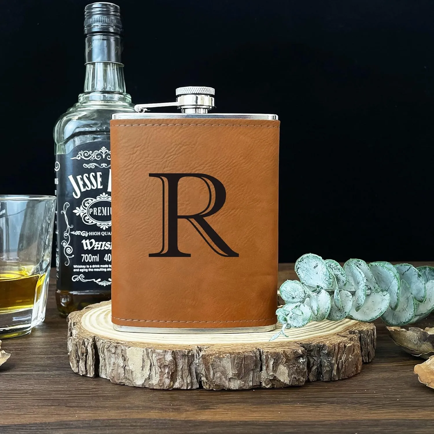 CARAKNOTS Hip Flask for Men Leather Engraved Drinking Whiskey Flasks for Liquor with Initials Stainless Steel with Funnel 8 oz Personalized Christmas Birthday Gifts for Dad Letter R