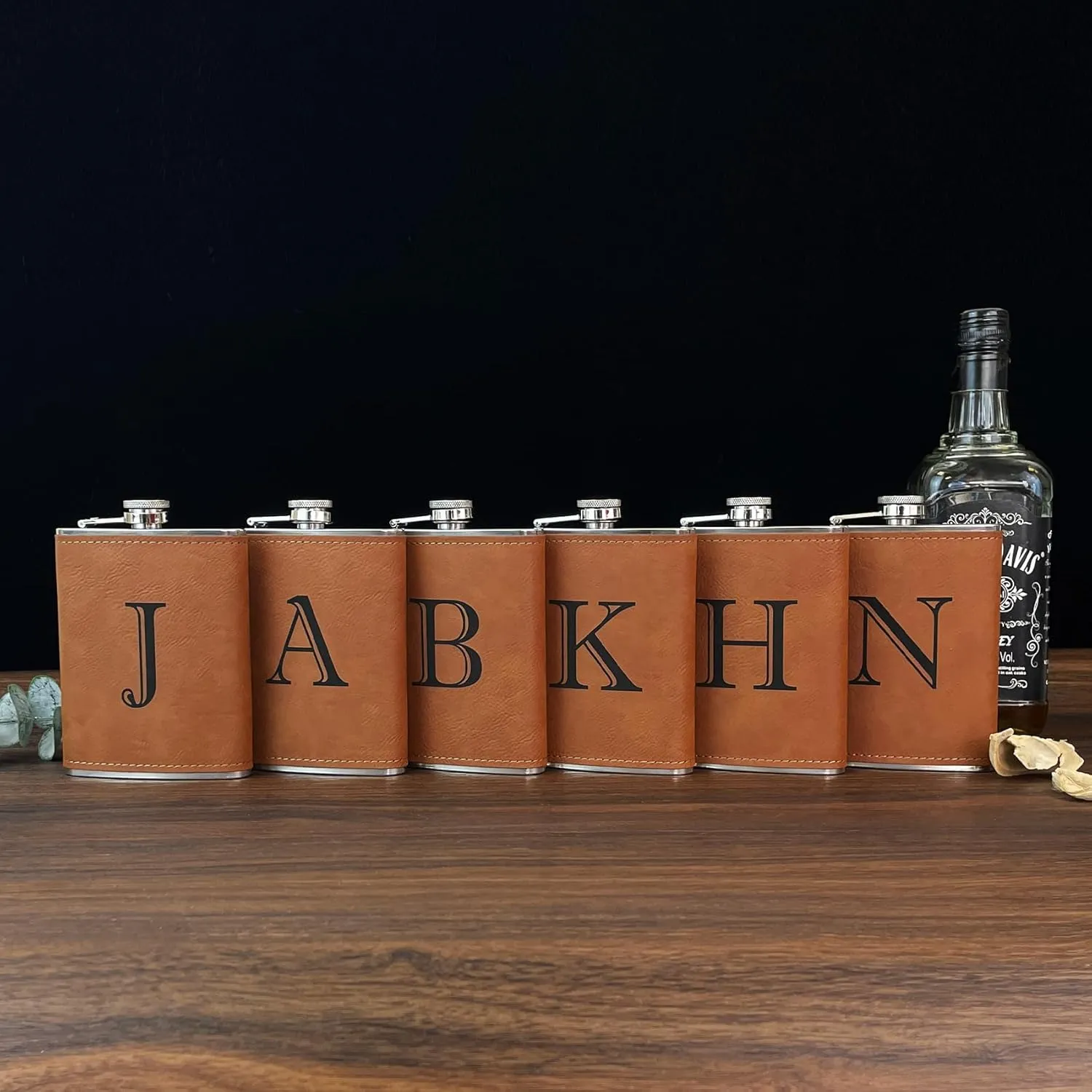 CARAKNOTS Hip Flask for Men Leather Engraved Drinking Whiskey Flasks for Liquor with Initials Stainless Steel with Funnel 8 oz Personalized Christmas Birthday Gifts for Dad Letter R