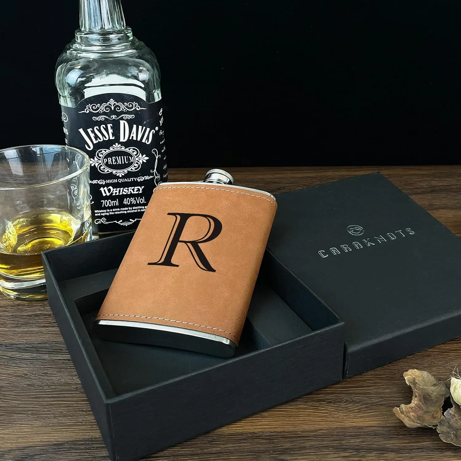CARAKNOTS Hip Flask for Men Leather Engraved Drinking Whiskey Flasks for Liquor with Initials Stainless Steel with Funnel 8 oz Personalized Christmas Birthday Gifts for Dad Letter R