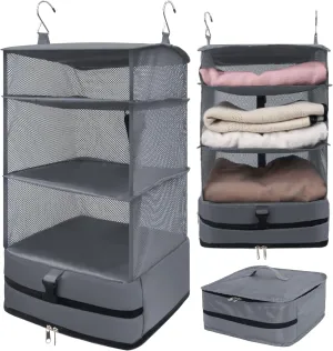 Caroeas Portable Hanging Travel Shelves Bag Suitcase Organizer Carry-on Closet Packing Cubes for Travel, 4-Shelf Suitcase Closet with 2 Hooks, Large Capacity, Gray