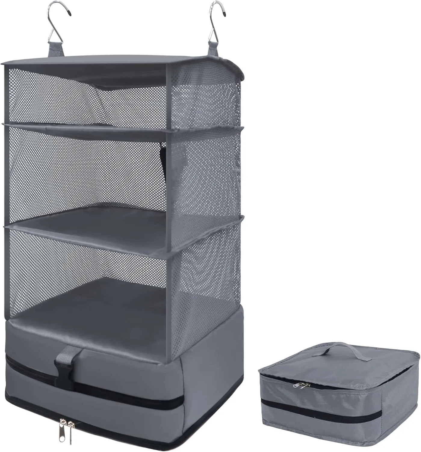 Caroeas Portable Hanging Travel Shelves Bag Suitcase Organizer Carry-on Closet Packing Cubes for Travel, 4-Shelf Suitcase Closet with 2 Hooks, Large Capacity, Gray