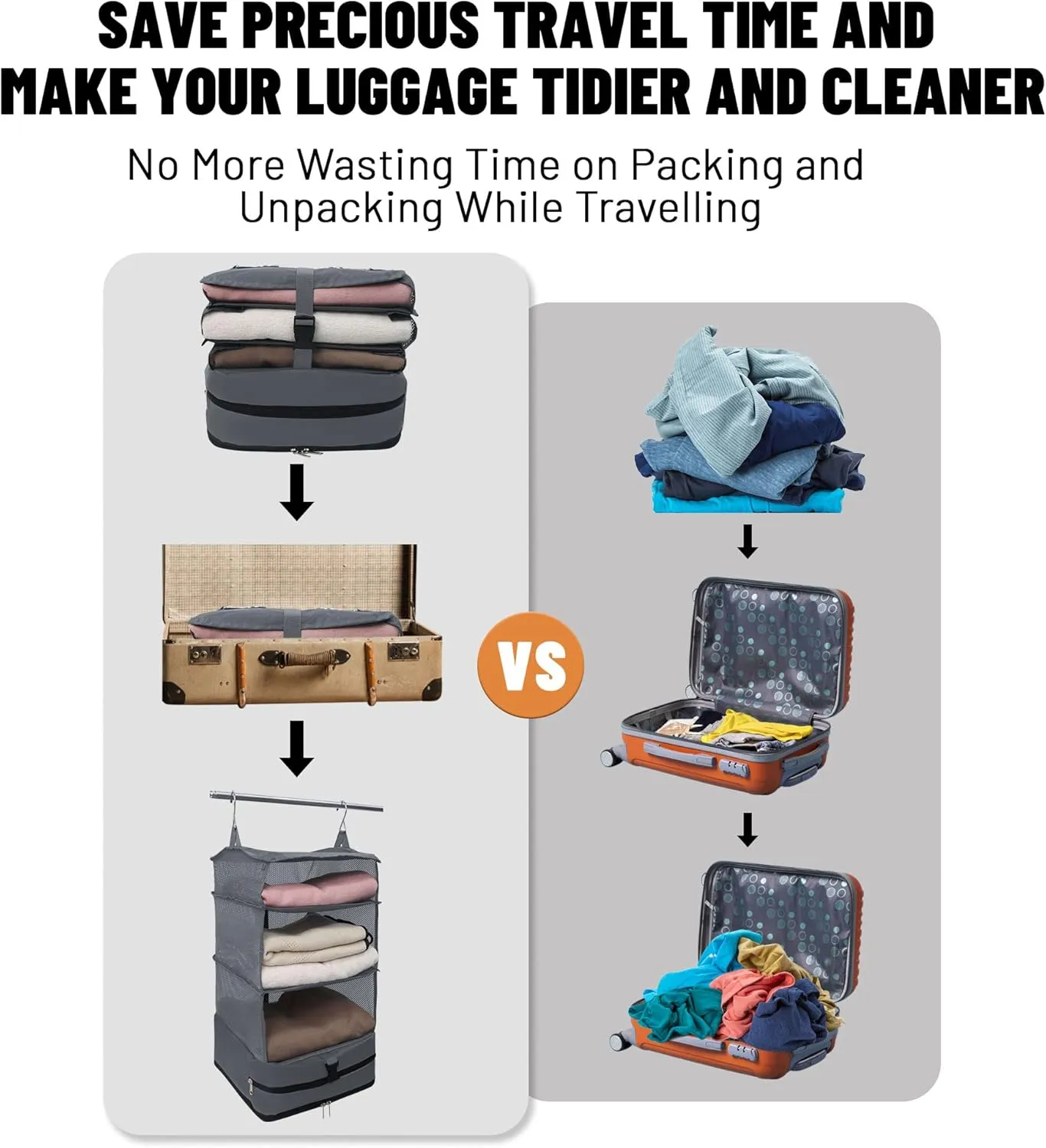 Caroeas Portable Hanging Travel Shelves Bag Suitcase Organizer Carry-on Closet Packing Cubes for Travel, 4-Shelf Suitcase Closet with 2 Hooks, Large Capacity, Gray