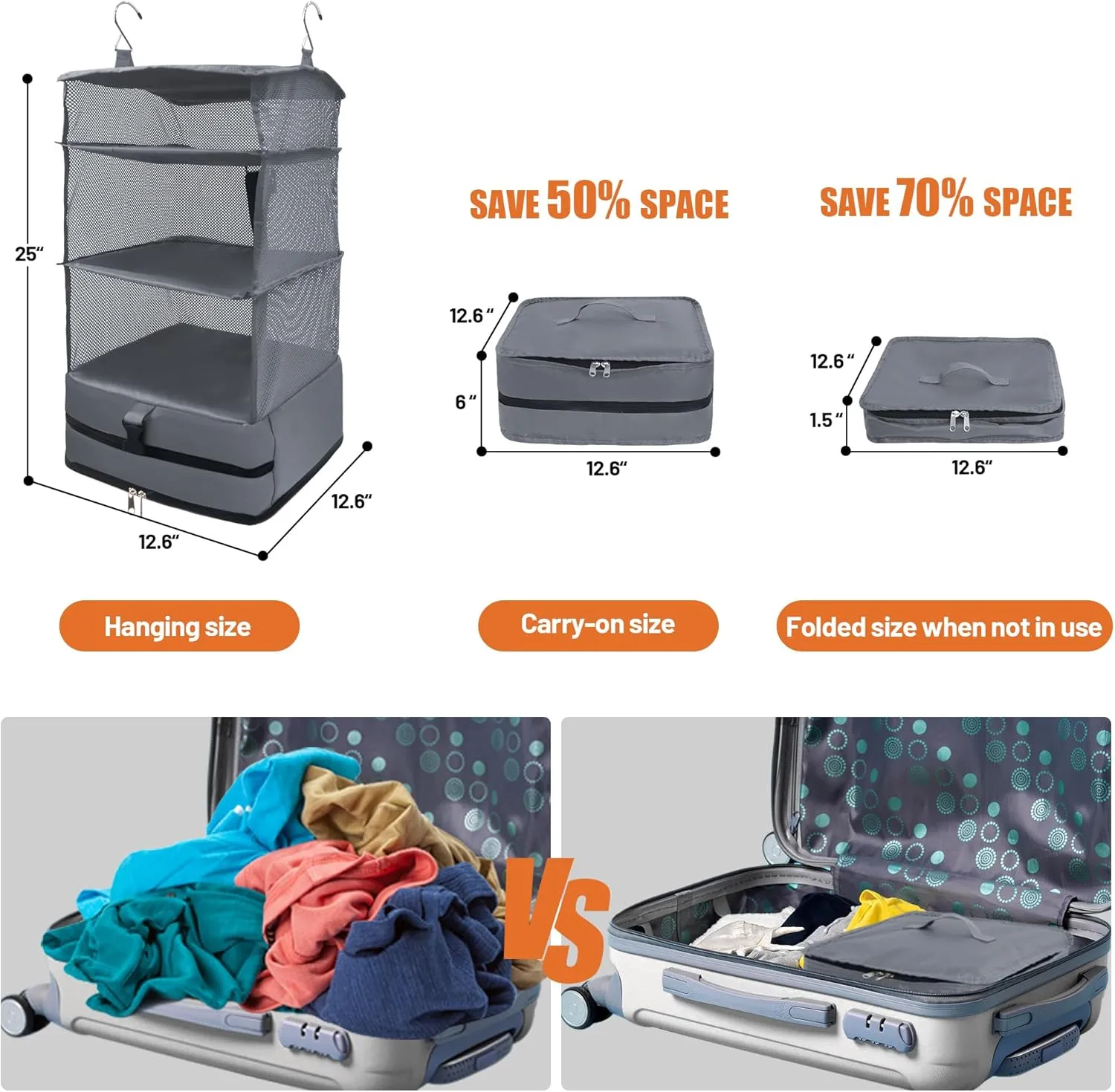 Caroeas Portable Hanging Travel Shelves Bag Suitcase Organizer Carry-on Closet Packing Cubes for Travel, 4-Shelf Suitcase Closet with 2 Hooks, Large Capacity, Gray