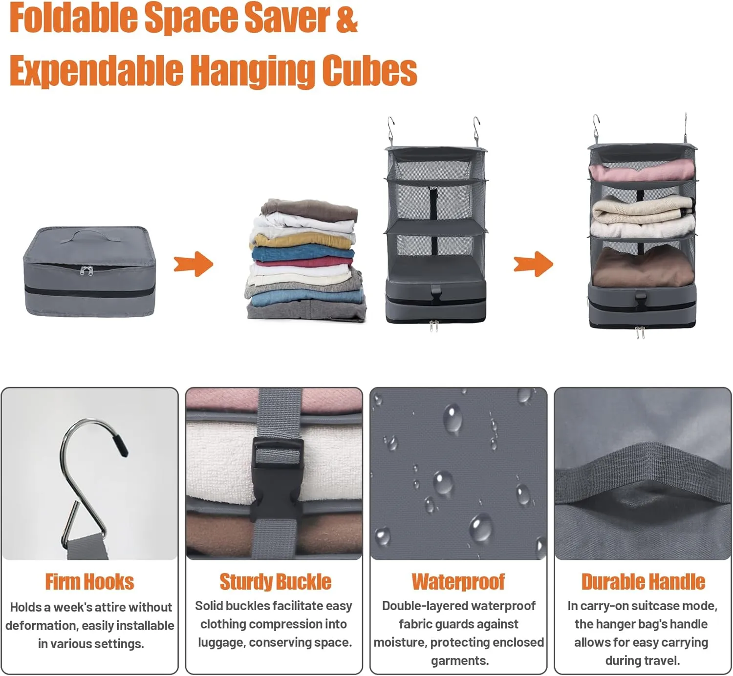 Caroeas Portable Hanging Travel Shelves Bag Suitcase Organizer Carry-on Closet Packing Cubes for Travel, 4-Shelf Suitcase Closet with 2 Hooks, Large Capacity, Gray