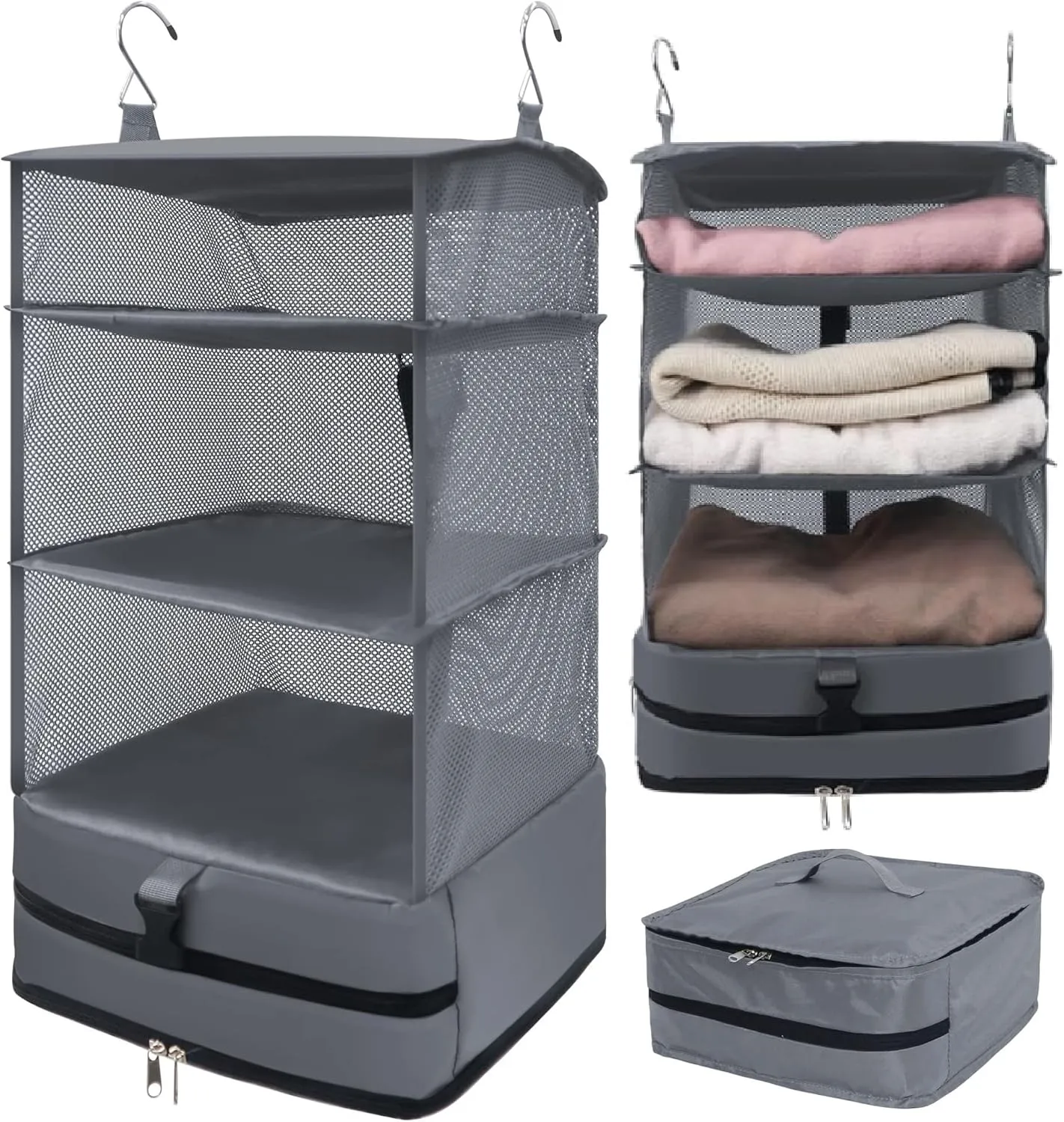 Caroeas Portable Hanging Travel Shelves Bag Suitcase Organizer Carry-on Closet Packing Cubes for Travel, 4-Shelf Suitcase Closet with 2 Hooks, Large Capacity, Gray