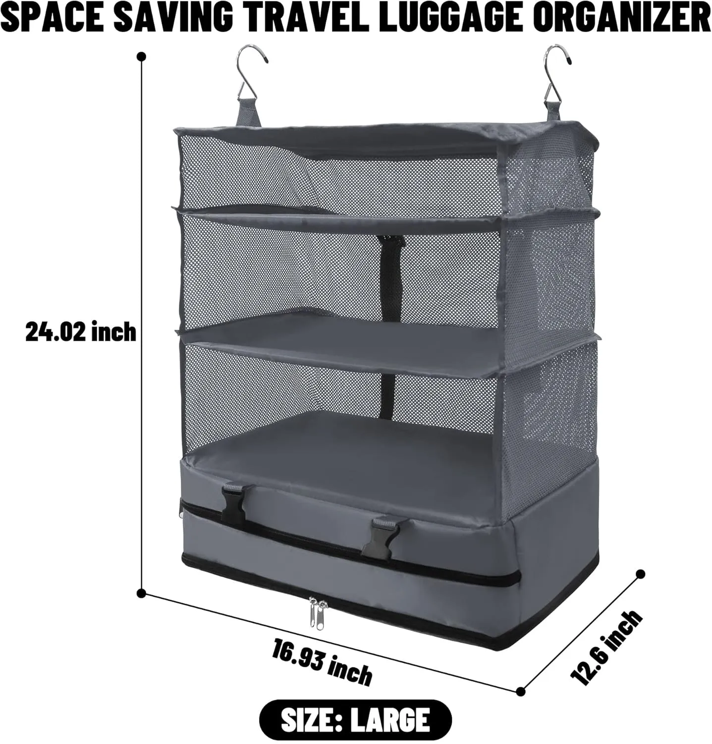 Caroeas Portable Hanging Travel Shelves Bag Suitcase Organizer Carry-on Closet Packing Cubes for Travel, 4-Shelf Suitcase Closet with 2 Hooks, X-Large Capacity, Gray