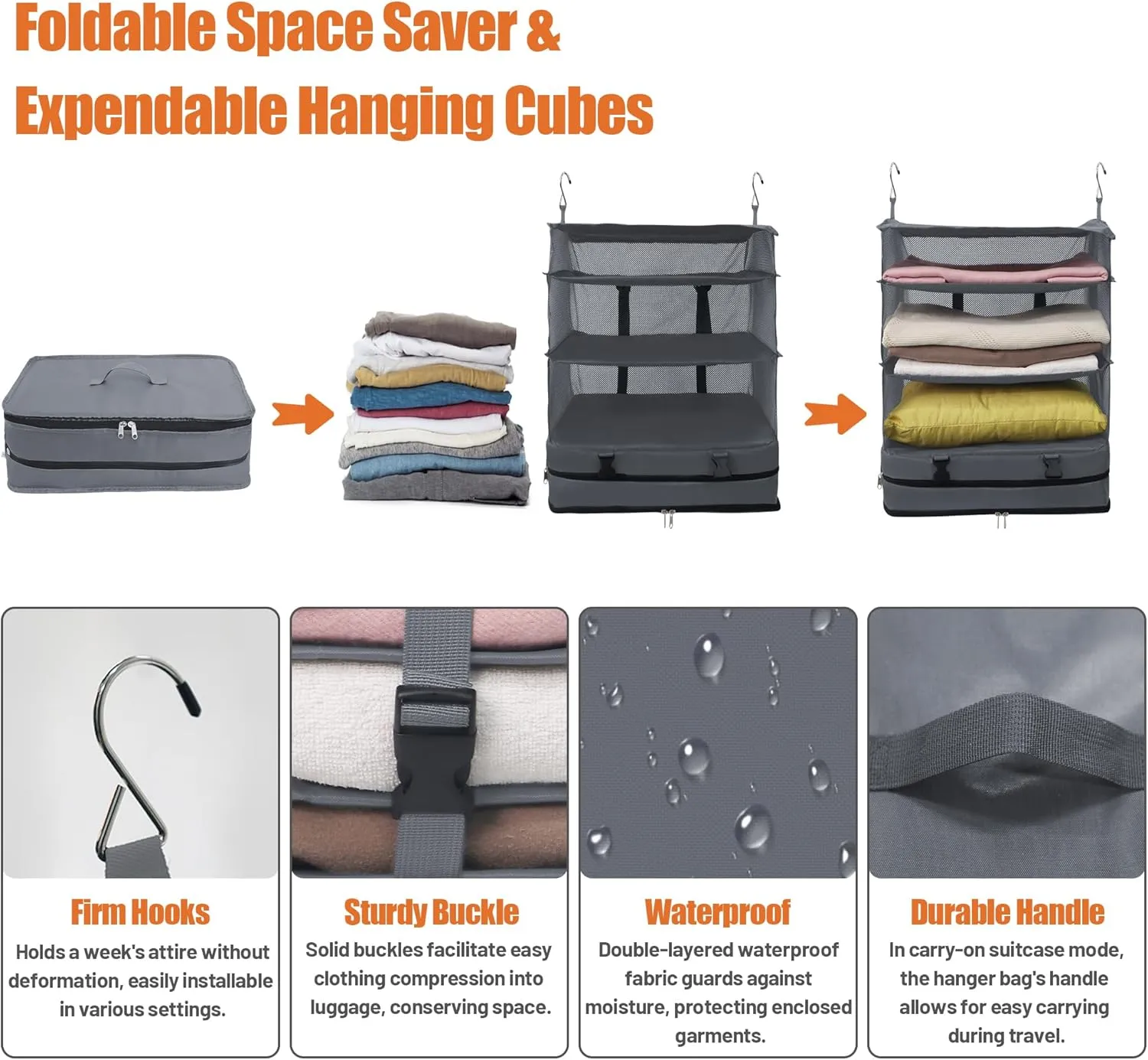 Caroeas Portable Hanging Travel Shelves Bag Suitcase Organizer Carry-on Closet Packing Cubes for Travel, 4-Shelf Suitcase Closet with 2 Hooks, X-Large Capacity, Gray