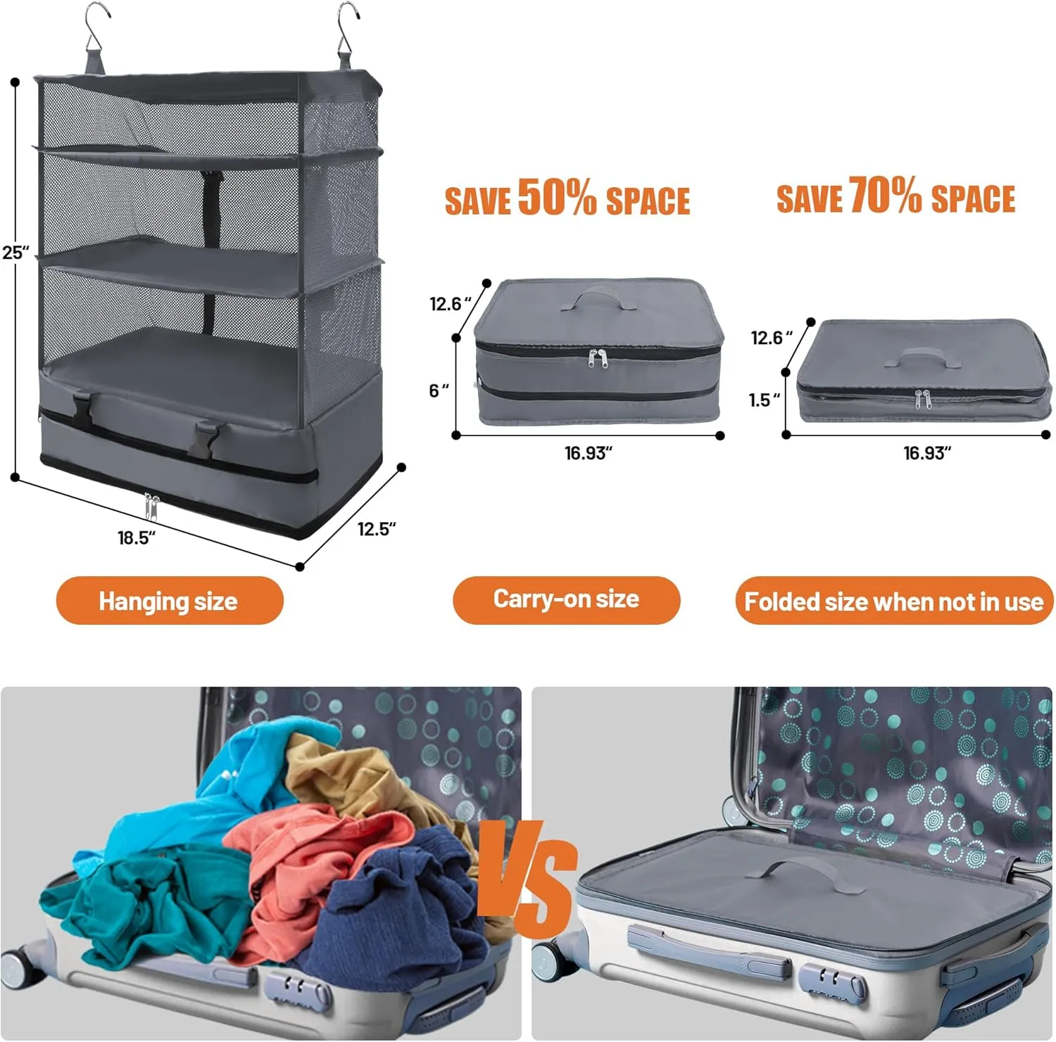 Caroeas Portable Hanging Travel Shelves Bag Suitcase Organizer Carry-on Closet Packing Cubes for Travel, 4-Shelf Suitcase Closet with 2 Hooks, X-Large Capacity, Gray