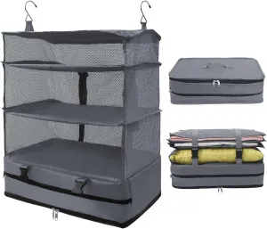 Caroeas Portable Hanging Travel Shelves Bag Suitcase Organizer Carry-on Closet Packing Cubes for Travel, 4-Shelf Suitcase Closet with 2 Hooks, X-Large Capacity, Gray