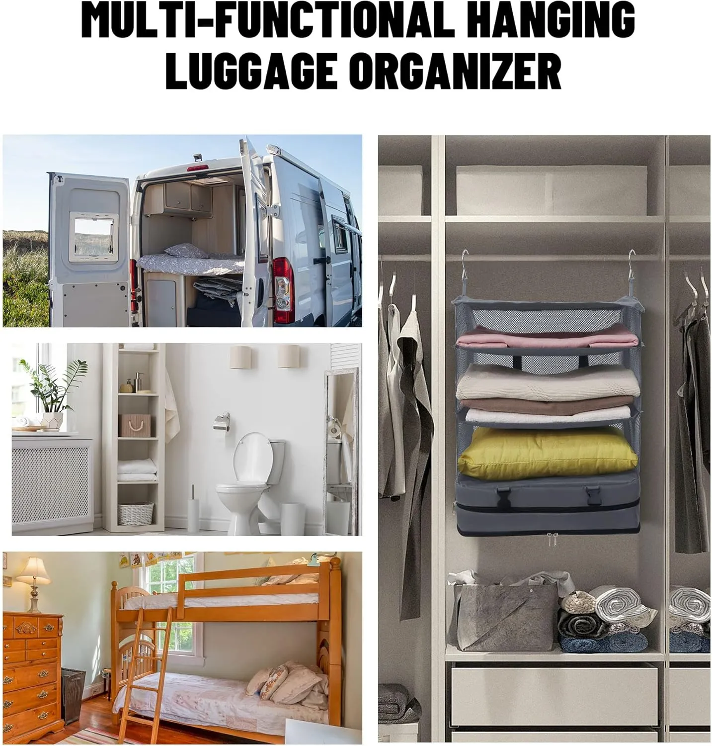 Caroeas Portable Hanging Travel Shelves Bag Suitcase Organizer Carry-on Closet Packing Cubes for Travel, 4-Shelf Suitcase Closet with 2 Hooks, X-Large Capacity, Gray