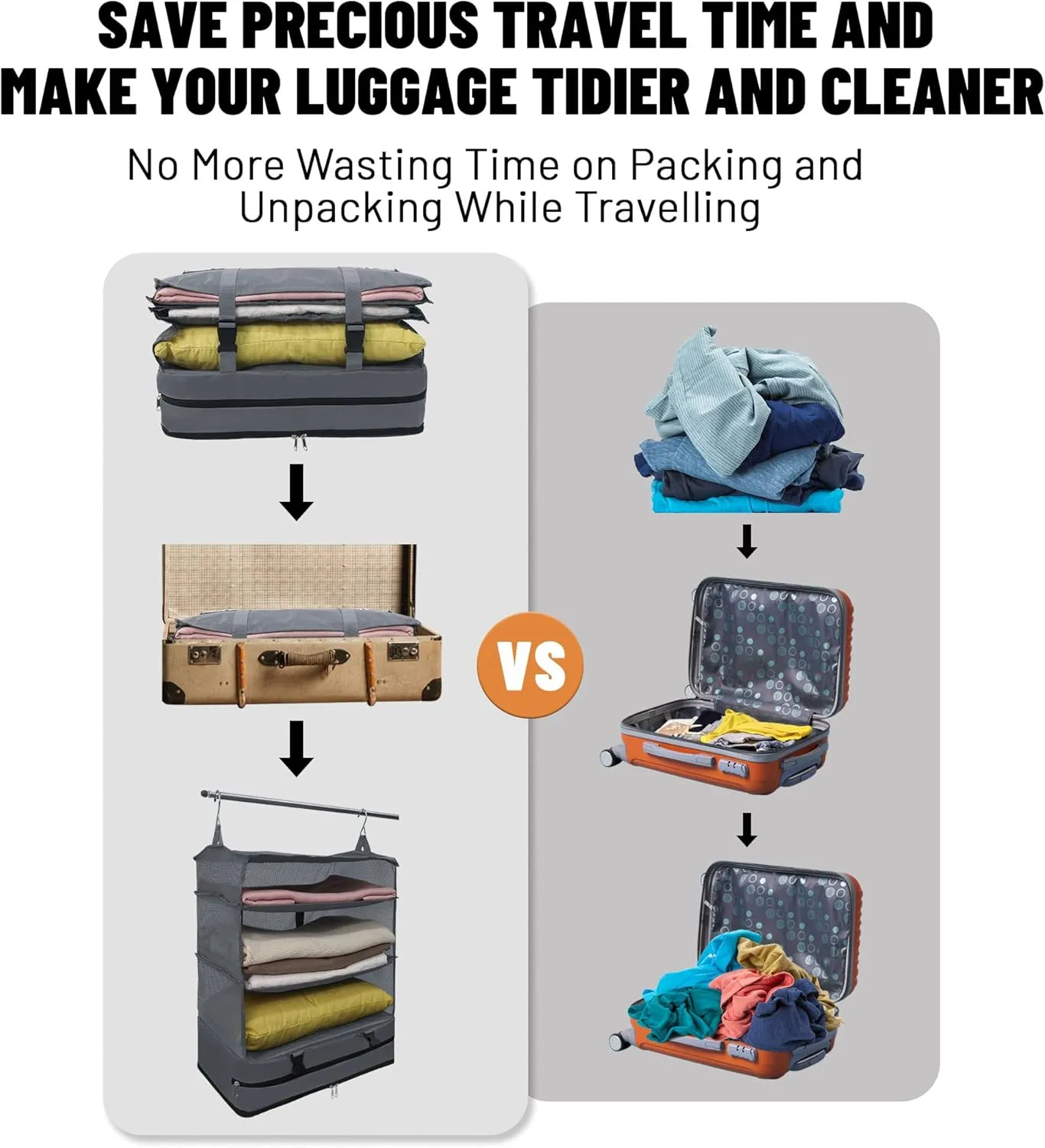 Caroeas Portable Hanging Travel Shelves Bag Suitcase Organizer Carry-on Closet Packing Cubes for Travel, 4-Shelf Suitcase Closet with 2 Hooks, X-Large Capacity, Gray