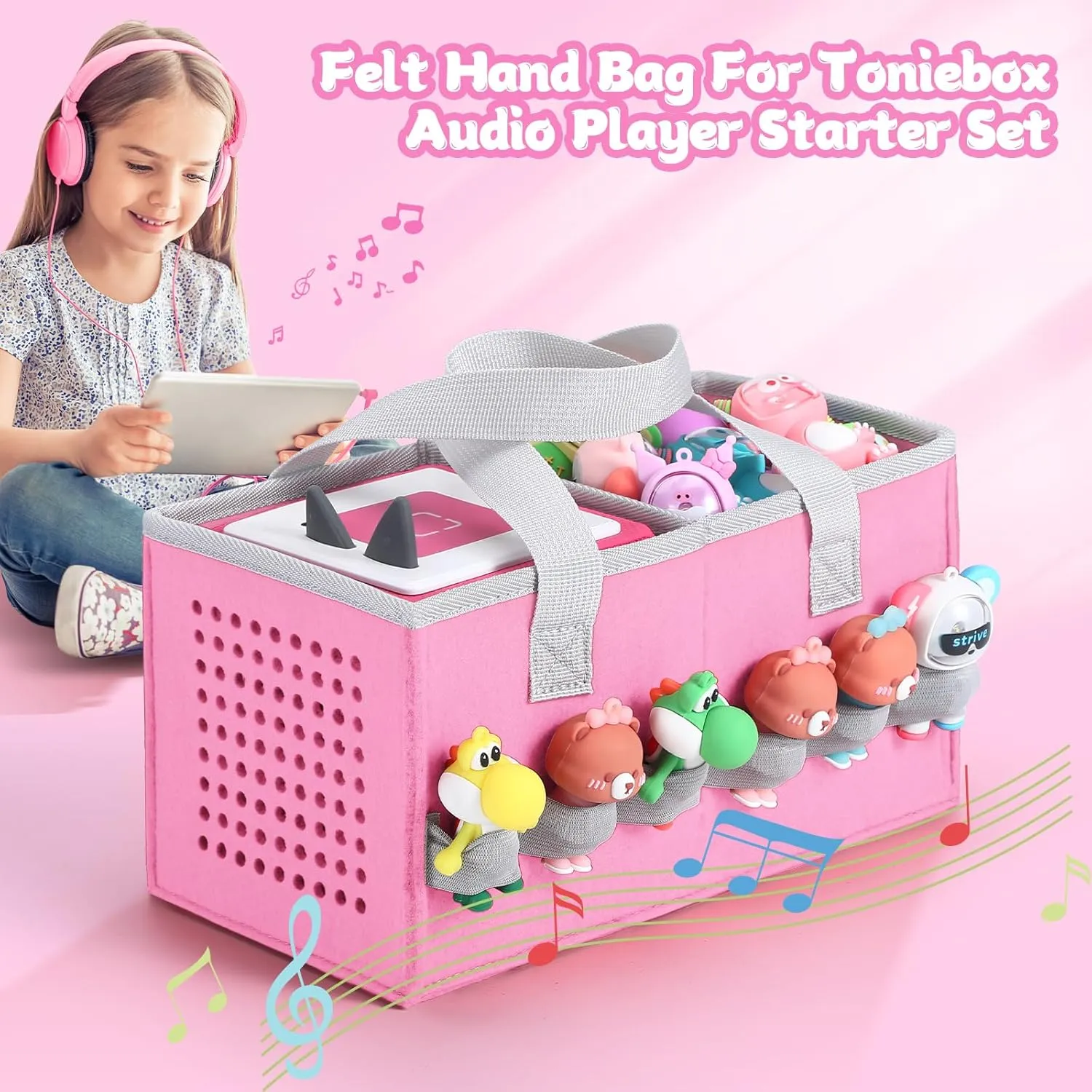 Carrying Case for Toniebox Starter Set and Tonies Figurines, Felt Organizer Travel Bag with Strap for Tonies Box, Travel Cloth Musical Toy Folding Bag for Toniebox Accessories