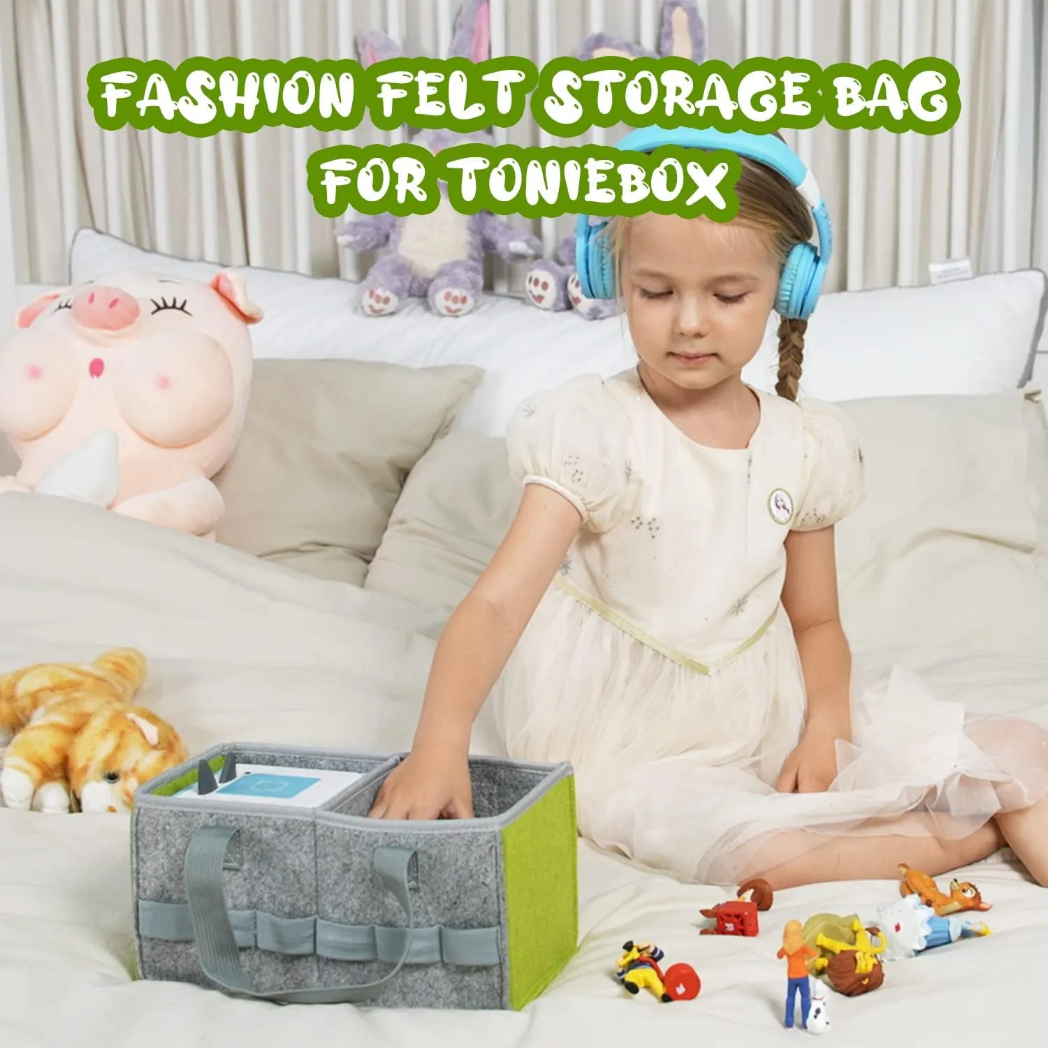 Carrying Case for Tonies Starter Set & Storage Bag for Tonies Figurine, Home Outdoor Hand Bag for Tonies Audio Player and Dolls Musical Toy Folding Bag for Kids Toniebox Accessories (Gray Green)