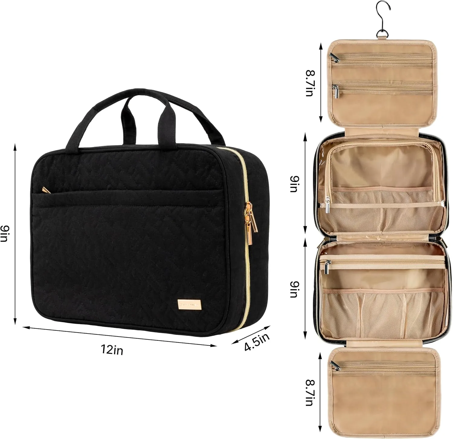 Carrywell (Not Made In China) Hanging Toiletry Bag For Women, Travel Toiletry Organizer, Water-Resistant Cosmetic Organizer for Accessories, Shampoo, Full-size Containers (Black, Medium)