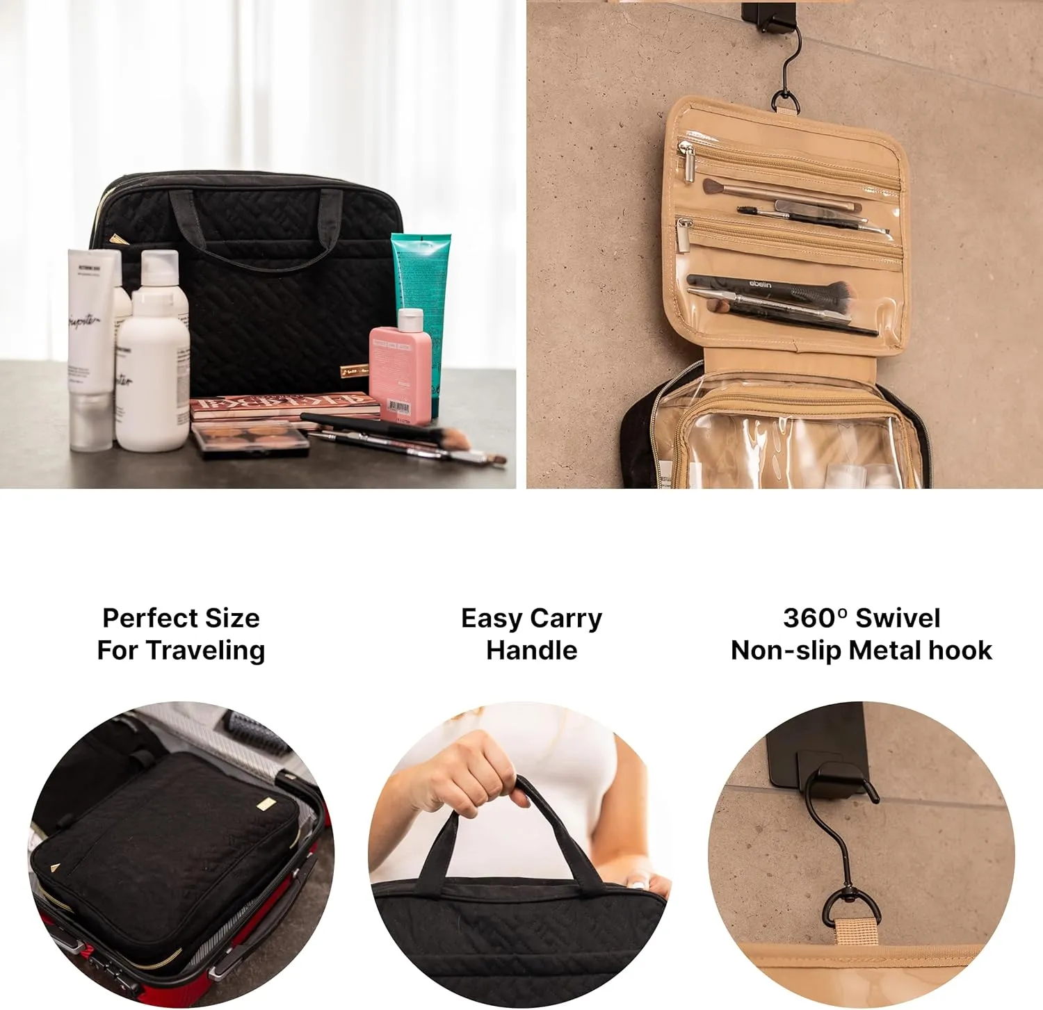 Carrywell (Not Made In China) Hanging Toiletry Bag For Women, Travel Toiletry Organizer, Water-Resistant Cosmetic Organizer for Accessories, Shampoo, Full-size Containers (Black, Medium)