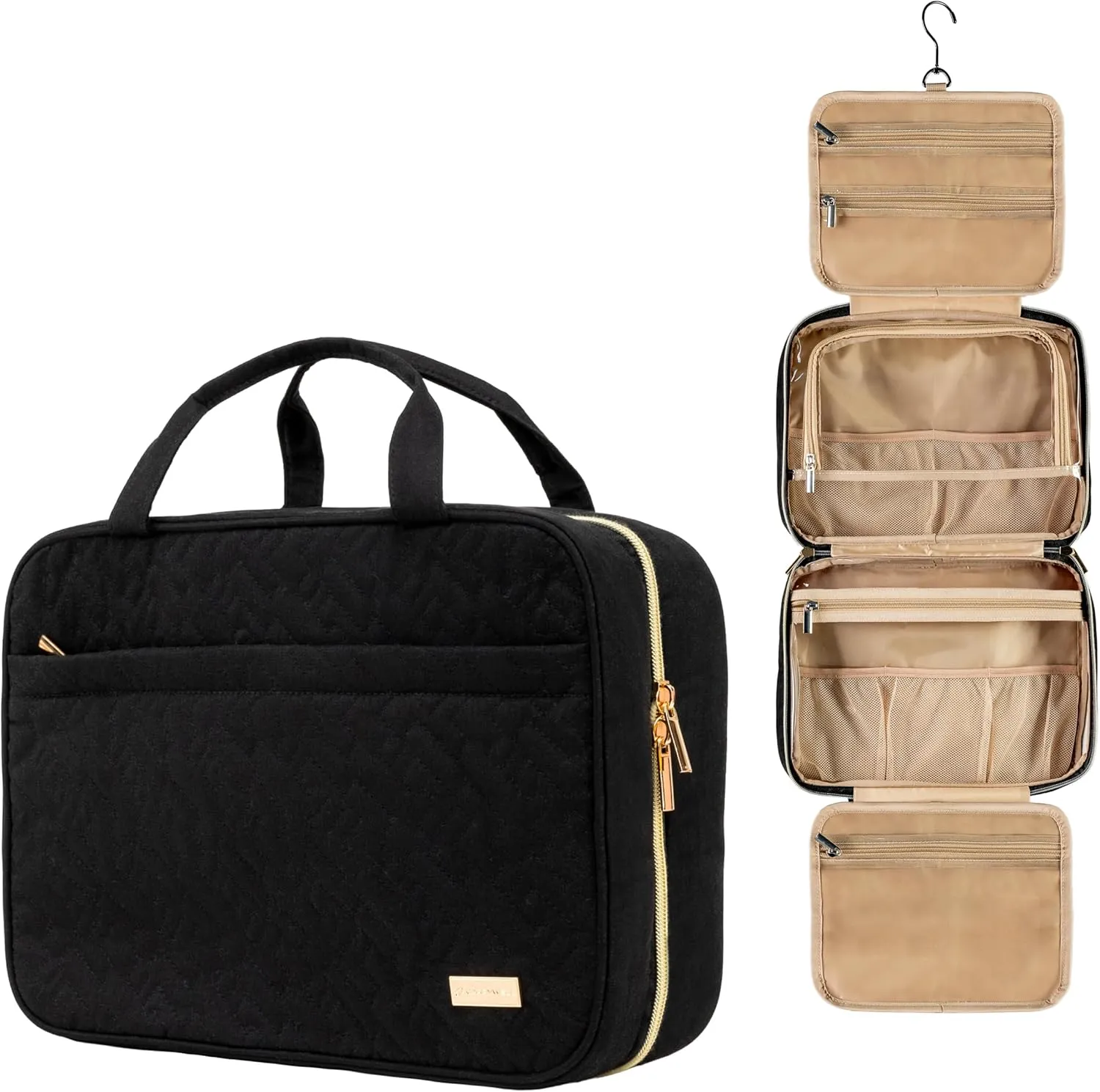 Carrywell (Not Made In China) Hanging Toiletry Bag For Women, Travel Toiletry Organizer, Water-Resistant Cosmetic Organizer for Accessories, Shampoo, Full-size Containers (Black, Medium)