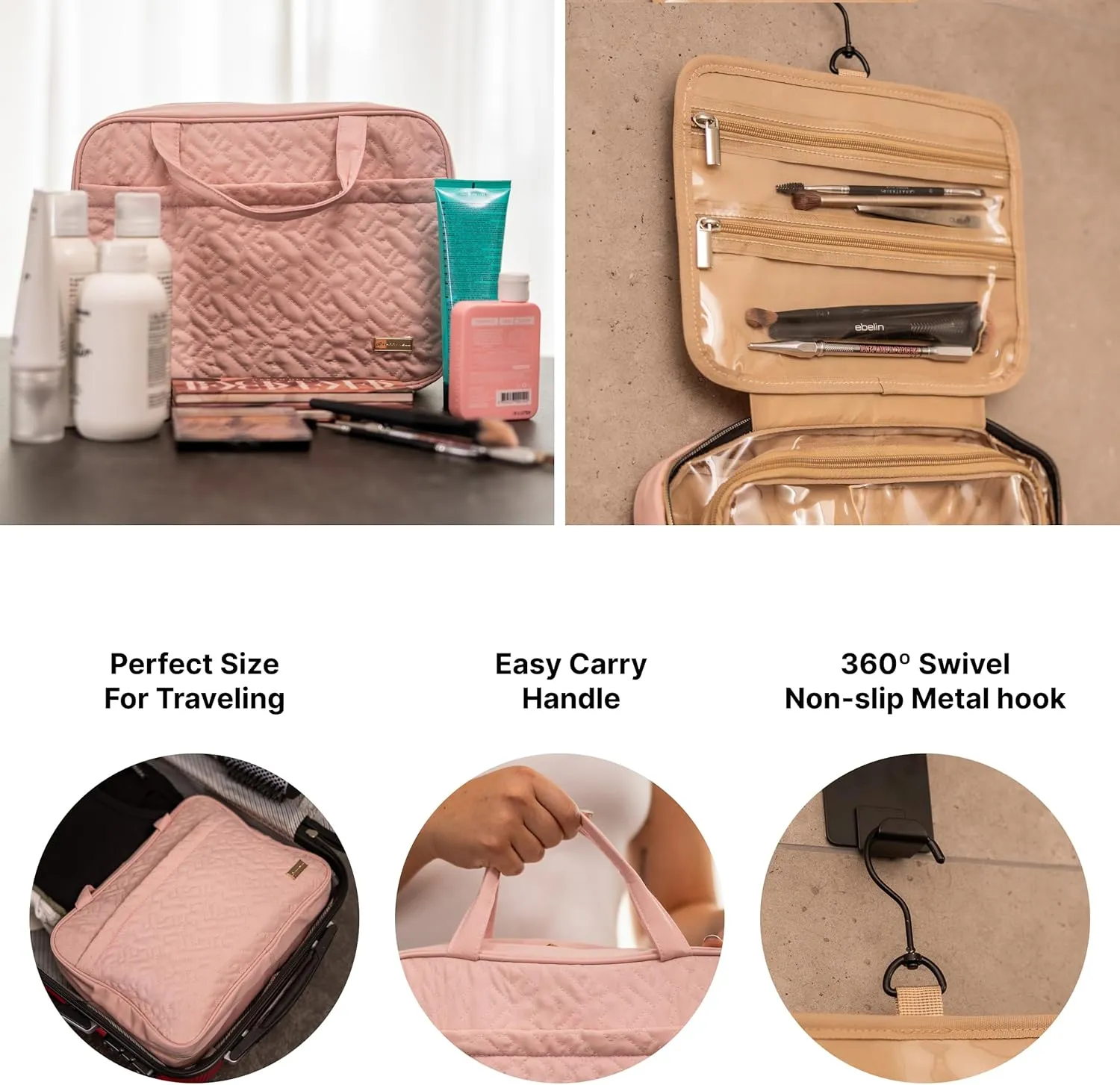 Carrywell (Not Made In China) Hanging Toiletry Bag For Women, Travel Toiletry Organizer, Water-Resistant Cosmetic Organizer for Accessories, Shampoo, Full-size Containers (Pink, Medium)