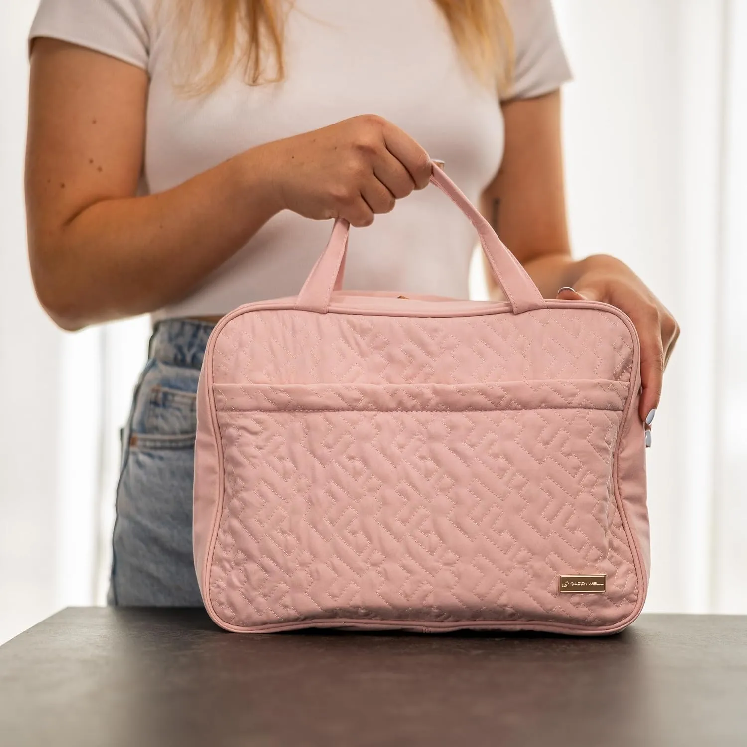 Carrywell (Not Made In China) Hanging Toiletry Bag For Women, Travel Toiletry Organizer, Water-Resistant Cosmetic Organizer for Accessories, Shampoo, Full-size Containers (Pink, Medium)