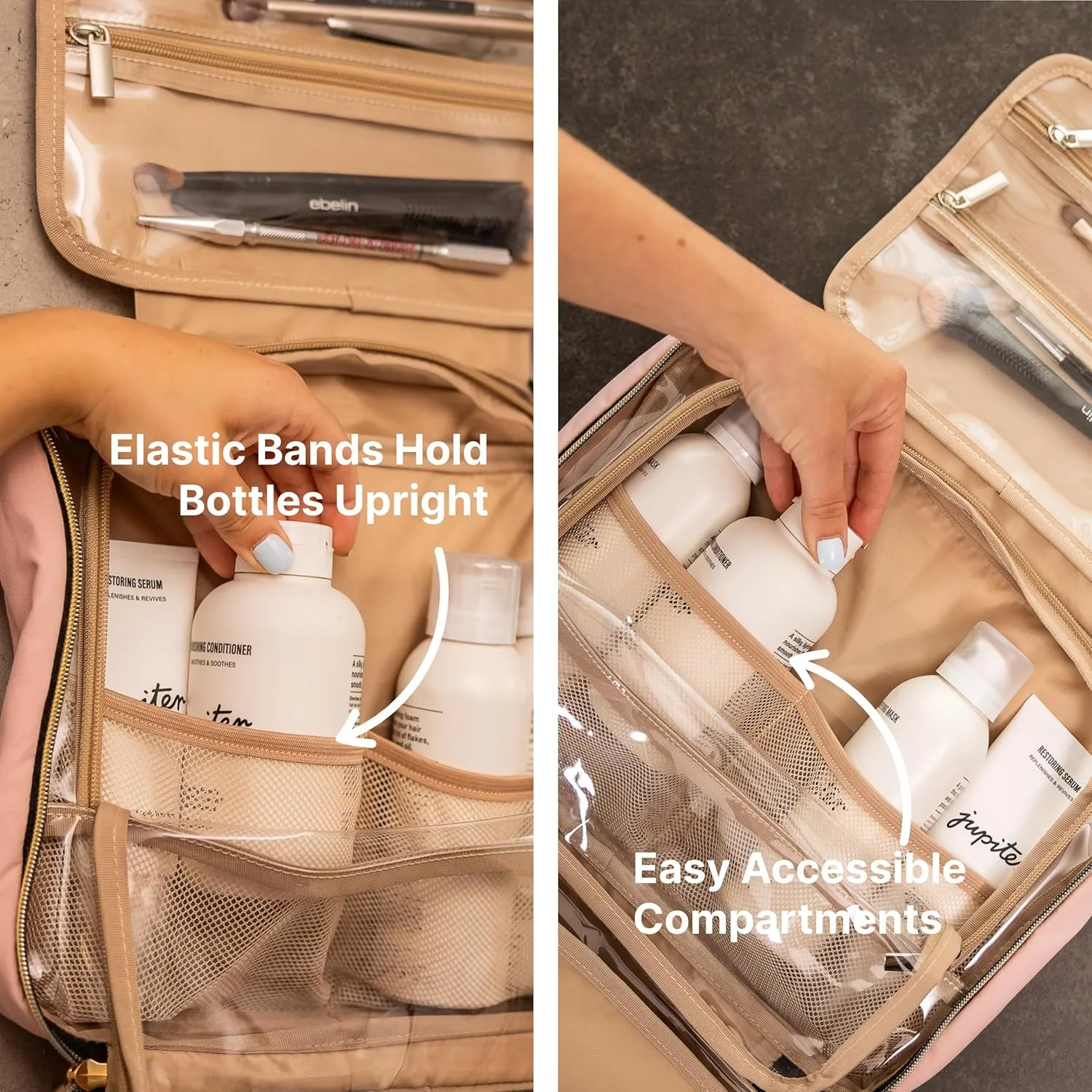 Carrywell (Not Made In China) Hanging Toiletry Bag For Women, Travel Toiletry Organizer, Water-Resistant Cosmetic Organizer for Accessories, Shampoo, Full-size Containers (Pink, Medium)