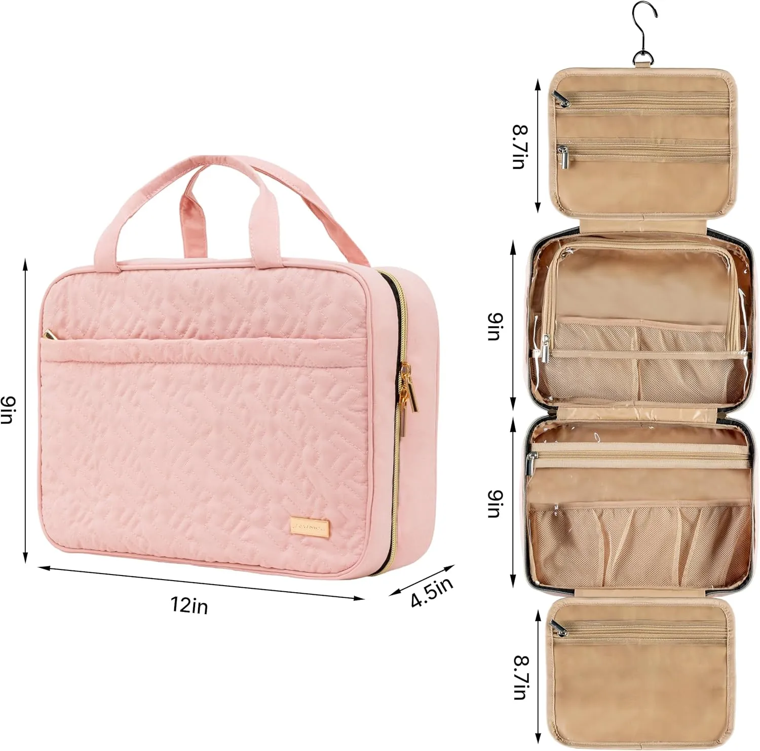 Carrywell (Not Made In China) Hanging Toiletry Bag For Women, Travel Toiletry Organizer, Water-Resistant Cosmetic Organizer for Accessories, Shampoo, Full-size Containers (Pink, Medium)