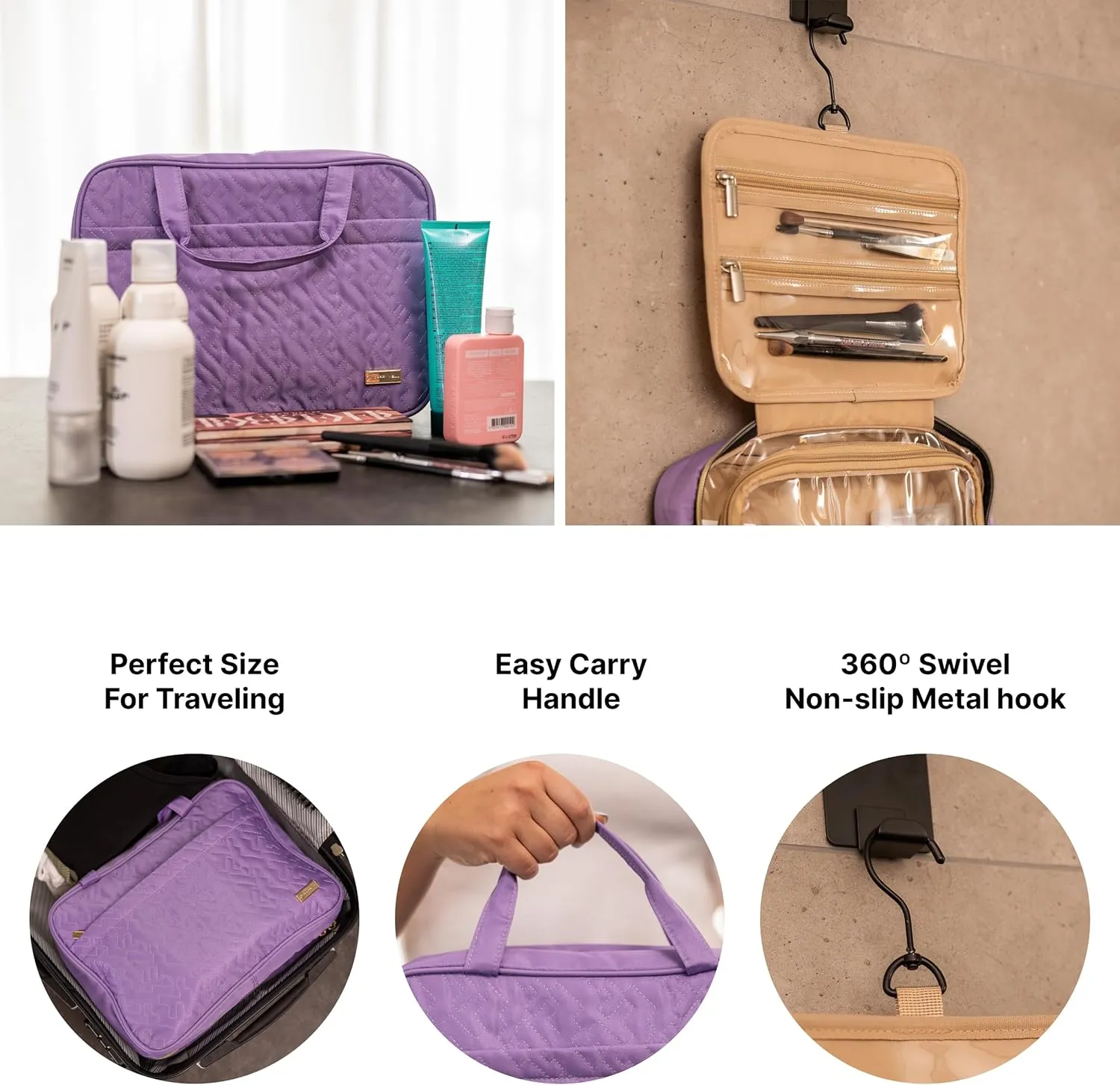 Carrywell (Not Made In China) Hanging Toiletry Bag For Women, Travel Toiletry Organizer, Water-Resistant Cosmetic Organizer for Accessories, Shampoo, Full-size Containers (Purple, Medium)
