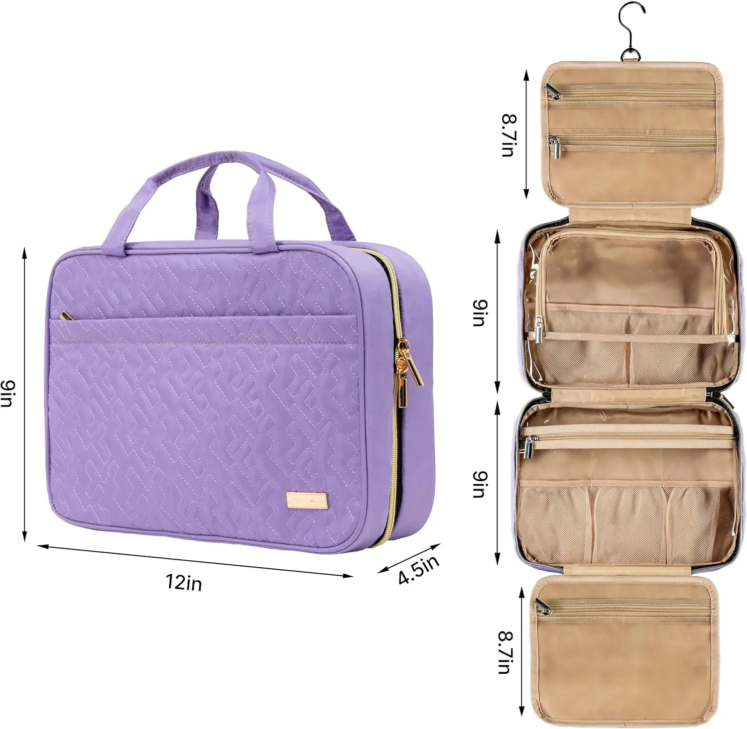 Carrywell (Not Made In China) Hanging Toiletry Bag For Women, Travel Toiletry Organizer, Water-Resistant Cosmetic Organizer for Accessories, Shampoo, Full-size Containers (Purple, Medium)
