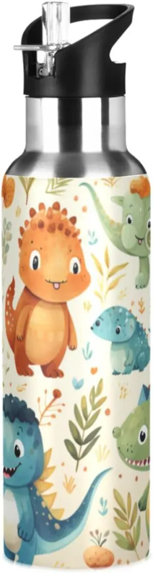 Cartoon Cute Dinosaur Art Sport Water Bottle Insulated Stainless Steel Large Vacuum Flask Leak Proof Thermos with Straw for Travel(600ml/1000ml)