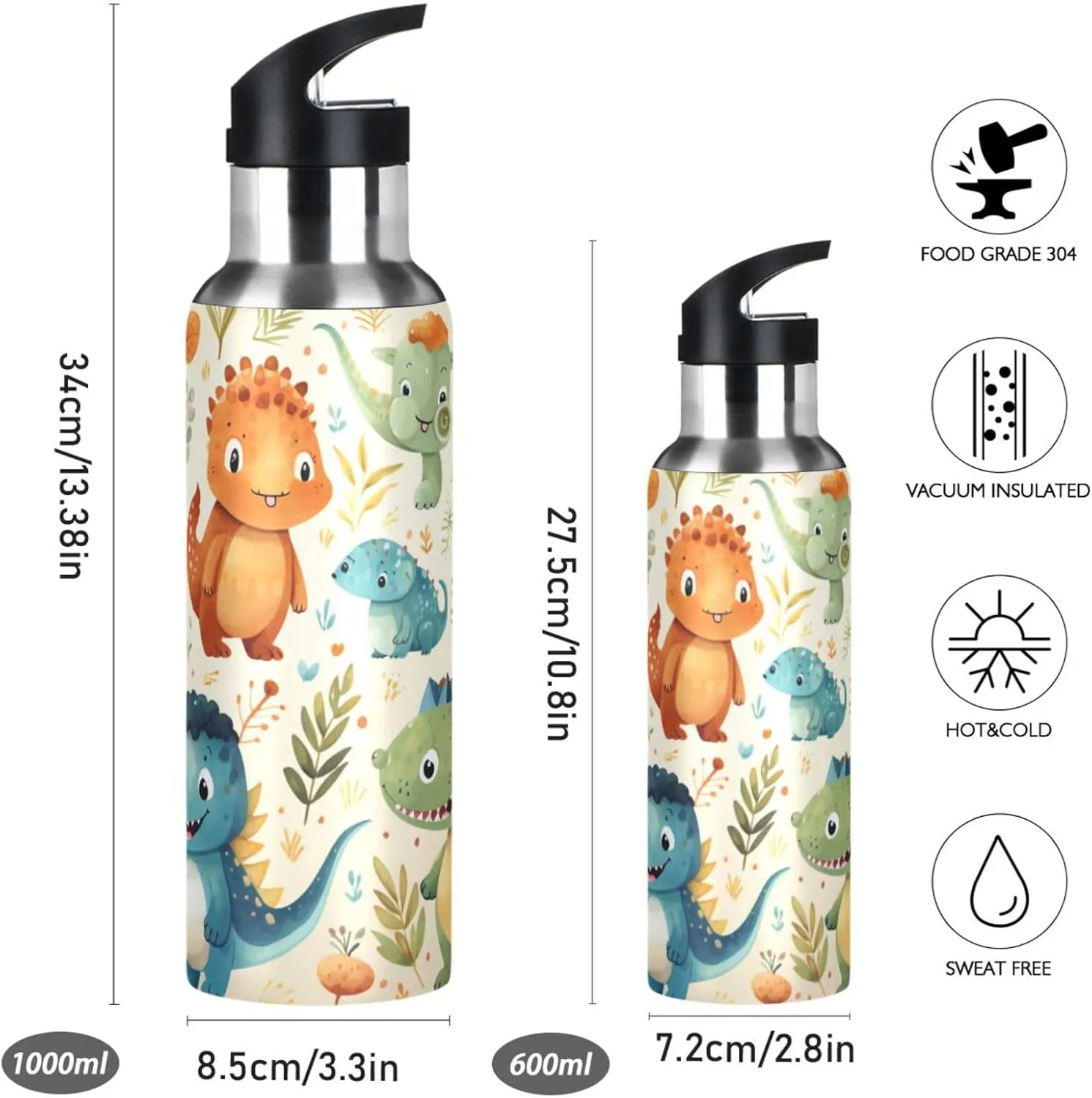 Cartoon Cute Dinosaur Art Sport Water Bottle Insulated Stainless Steel Large Vacuum Flask Leak Proof Thermos with Straw for Travel(600ml/1000ml)