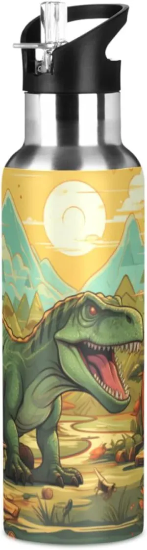 Cartoon Dinosaur World Sport Water Bottle Insulated Stainless Steel Large Vacuum Flask Leak Proof Thermos with Straw for Travel(600ml/1000ml)