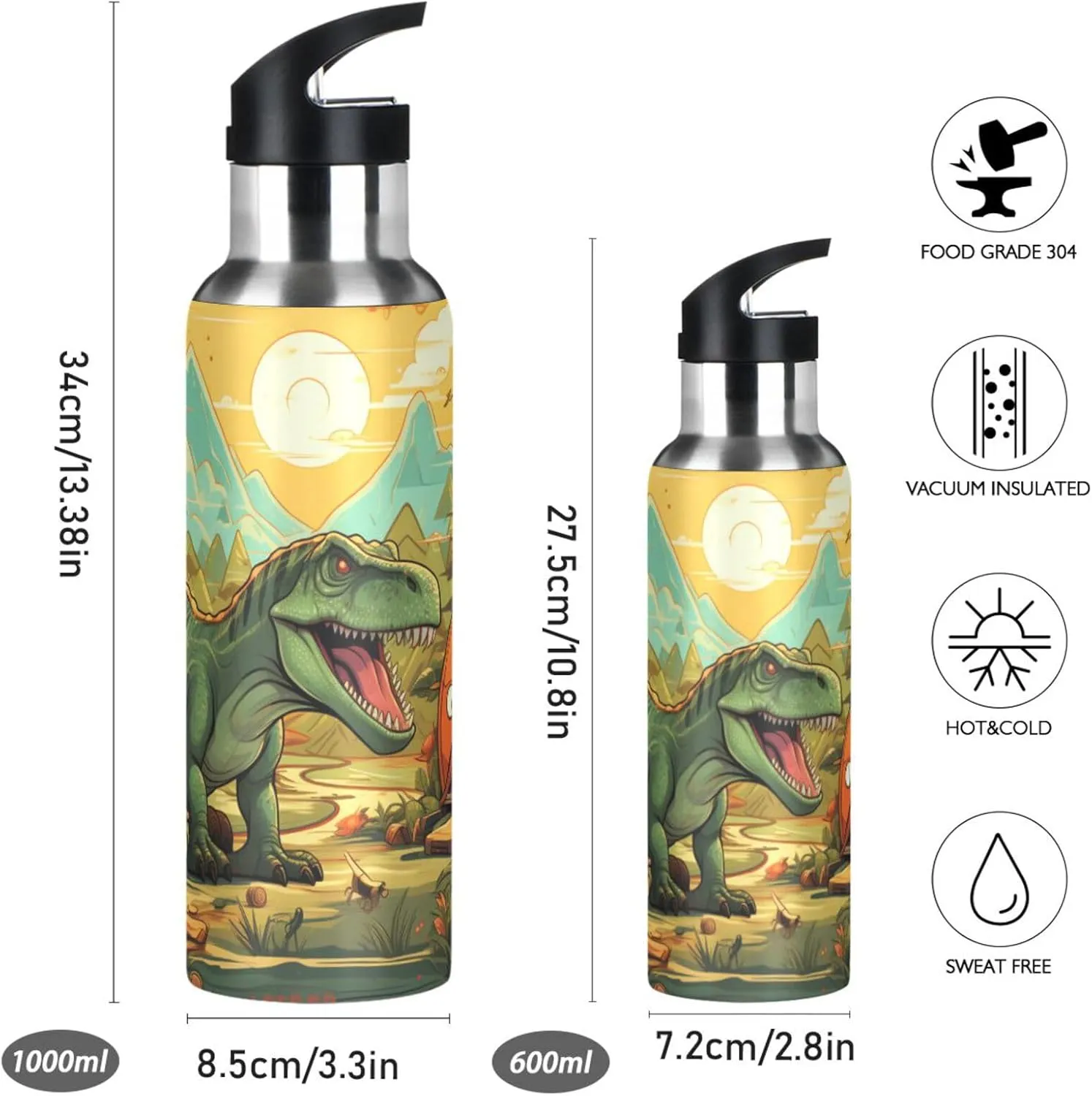 Cartoon Dinosaur World Sport Water Bottle Insulated Stainless Steel Large Vacuum Flask Leak Proof Thermos with Straw for Travel(600ml/1000ml)