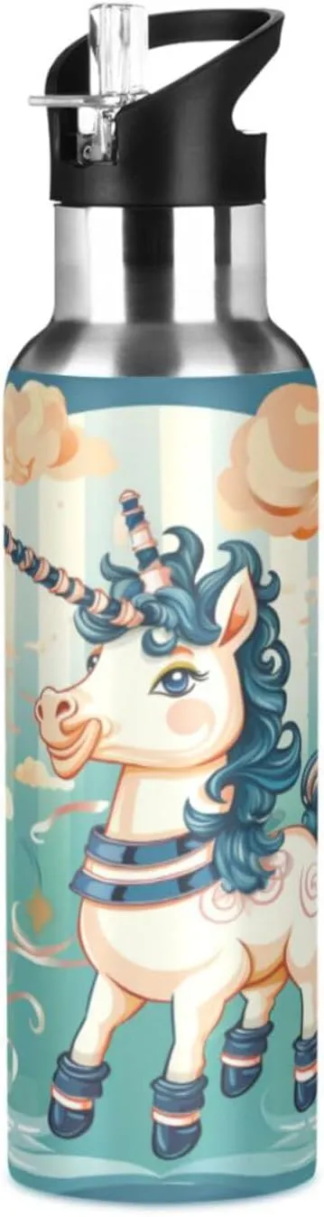 Cartoon Green Unicorn Sport Water Bottle Insulated Stainless Steel Large Vacuum Flask Leak Proof Thermos with Straw for Travel(600ml/1000ml)