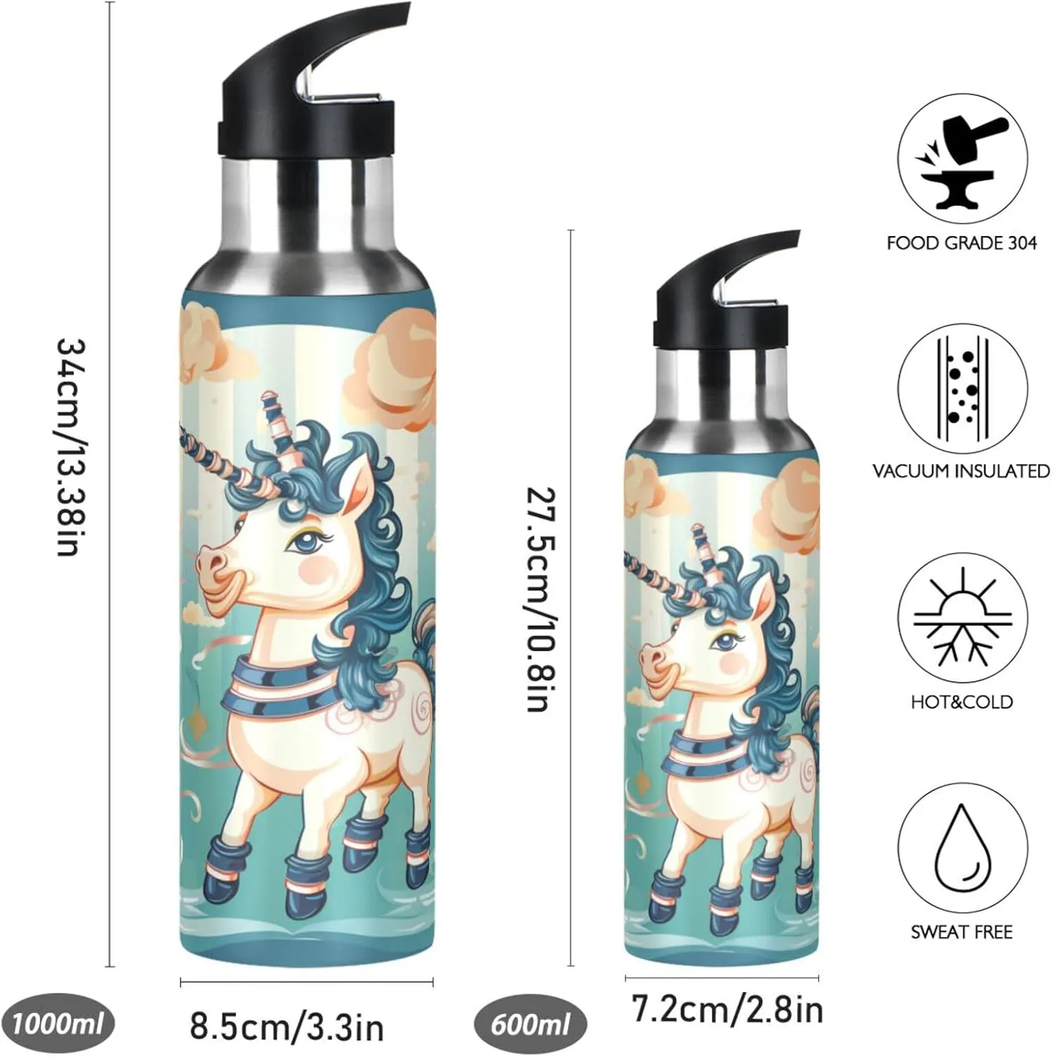 Cartoon Green Unicorn Sport Water Bottle Insulated Stainless Steel Large Vacuum Flask Leak Proof Thermos with Straw for Travel(600ml/1000ml)
