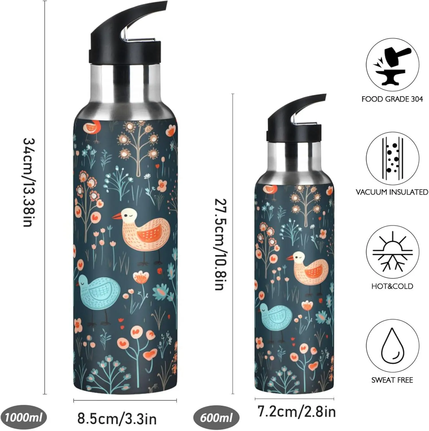 Cartoon Pattern Cute Sheep Sport Water Bottle Insulated Stainless Steel Large Vacuum Flask Leak Proof Thermos with Straw for Travel(600ml/1000ml)