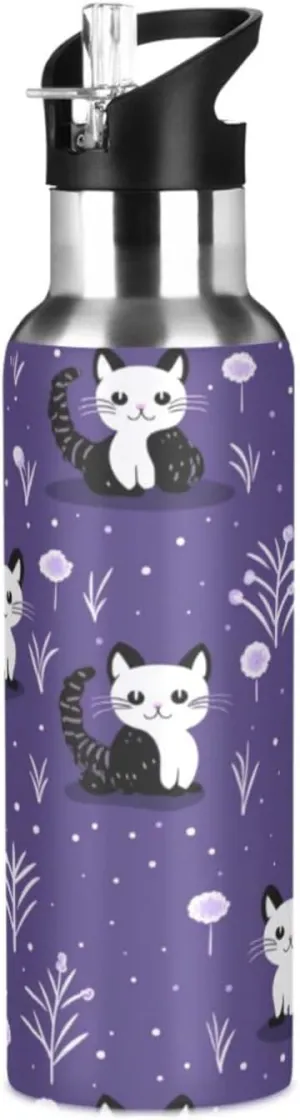 Cats Art Purple Sport Water Bottle Insulated Stainless Steel Large Vacuum Flask Leak Proof Thermos with Straw for Travel(600ml/1000ml)