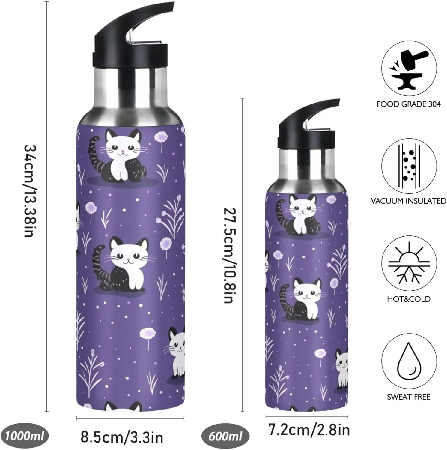 Cats Art Purple Sport Water Bottle Insulated Stainless Steel Large Vacuum Flask Leak Proof Thermos with Straw for Travel(600ml/1000ml)