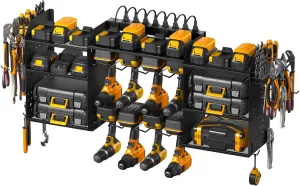 CCCEI Black Large Tools Organizer Wall Mount Charging Station, 39 Inch Long Power Tool Battery Storage Rack with 10FT Power Strip. 8 Drill Holder, Garage Utility Shelves. Pegboard Hanging Extension.