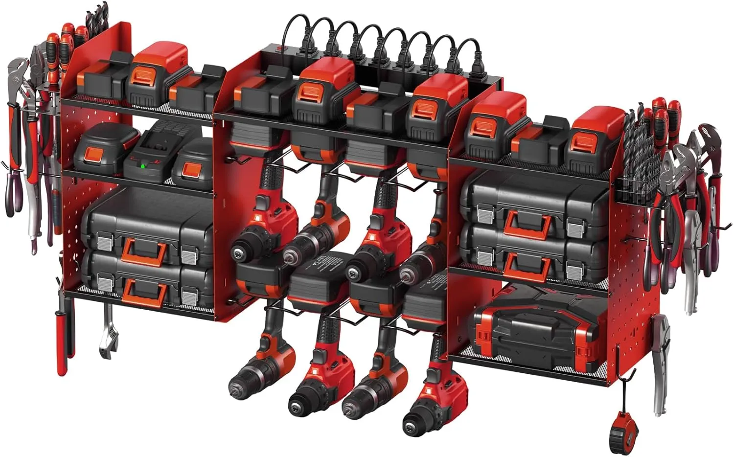 CCCEI Red Large Tools Organizer Wall Mount Charging Station, 39 Inch Long Power Tool Battery Storage Rack with 6FT Power Strip. 8 Drill Holder, Garage Utility Shelves. Pegboard Hanging Extension.