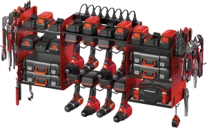 CCCEI Red Large Tools Organizer Wall Mount Charging Station, 39 Inch Long Power Tool Battery Storage Rack with 6FT Power Strip. 8 Drill Holder, Garage Utility Shelves. Pegboard Hanging Extension.