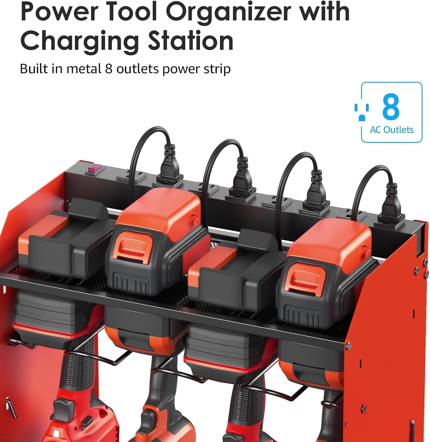CCCEI Red Large Tools Organizer Wall Mount Charging Station, 39 Inch Long Power Tool Battery Storage Rack with 6FT Power Strip. 8 Drill Holder, Garage Utility Shelves. Pegboard Hanging Extension.